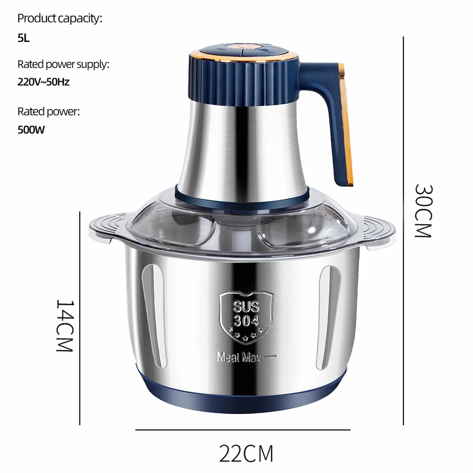 500W Picadora de carne eléctrica, 5L Cortador de verduras multifunción de acero inoxidable con 6 cuchillas, 5 velocidades, mezclador picadora ideal para carne, verduras