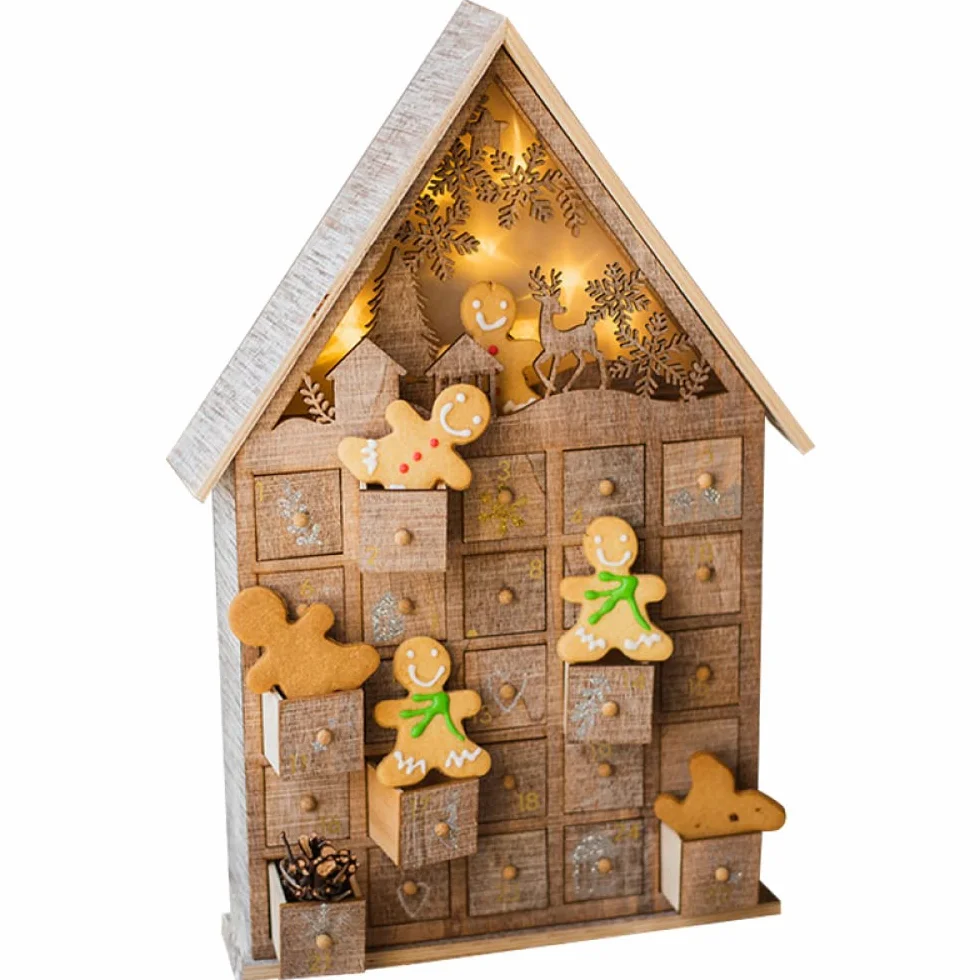 Siqi Countdown To Christmas Calendario de Adviento con luz led de madera, cajonera Candy House