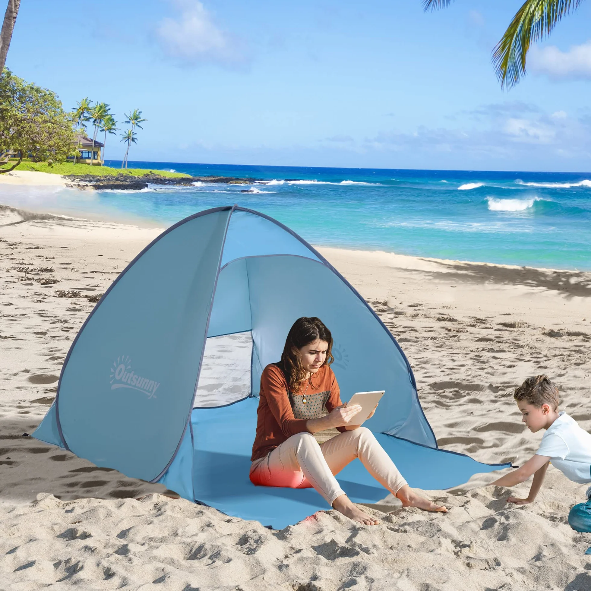 Outsunny Tienda de Playa Pop-Up para 2-3 Personas con Ventanas y Protección Solar UV Azul