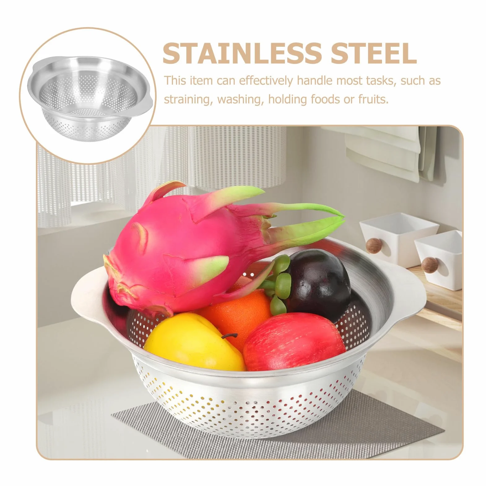 Colador de Cocina de Acero Inoxidable Plata, Cuenco Multiuso | Escurridor para Lavar y Drenar Agua, Cesta para Fideos y Arroz, Uso en Cocina y Frutas