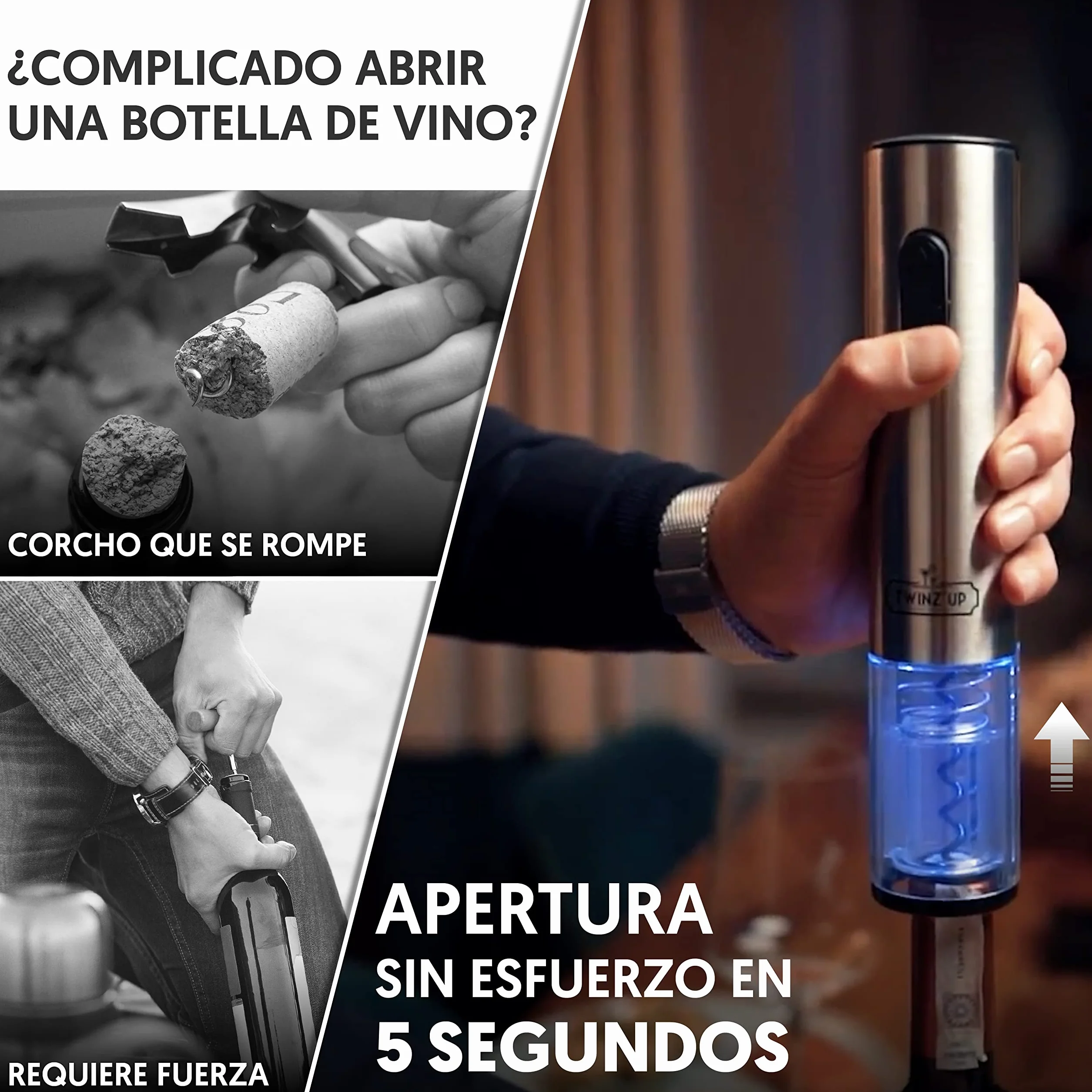 Twinz'up Sacacorchos Eléctrico Inalámbrico - Profesional Abridor de Vino Electrico Recargable (Base de Recarga) con Corta Cápsulas - Caja de Regalo