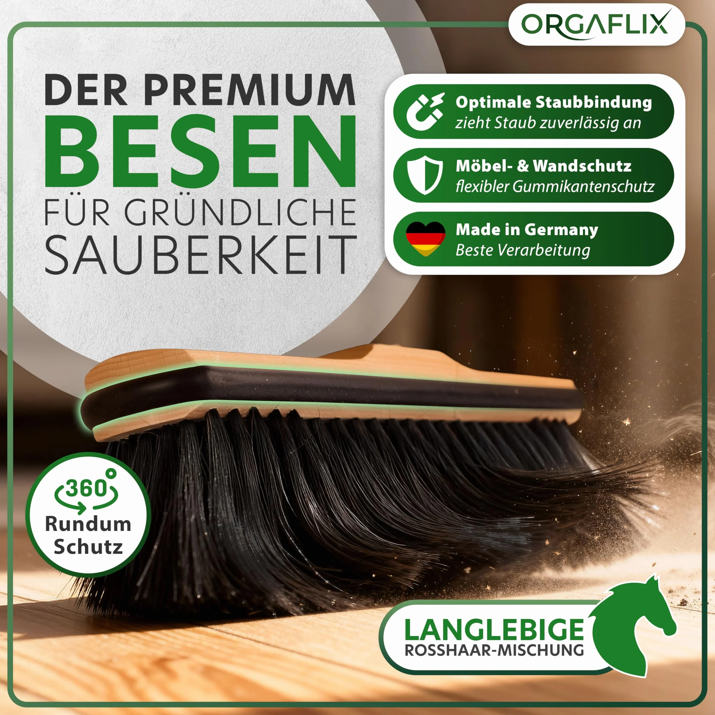ORGAFLIX Escoba premium sin mango de crin con protección de bordes, 28 cm, extra resistente al polvo gracias a la mezcla de crins de, escoba de habitación