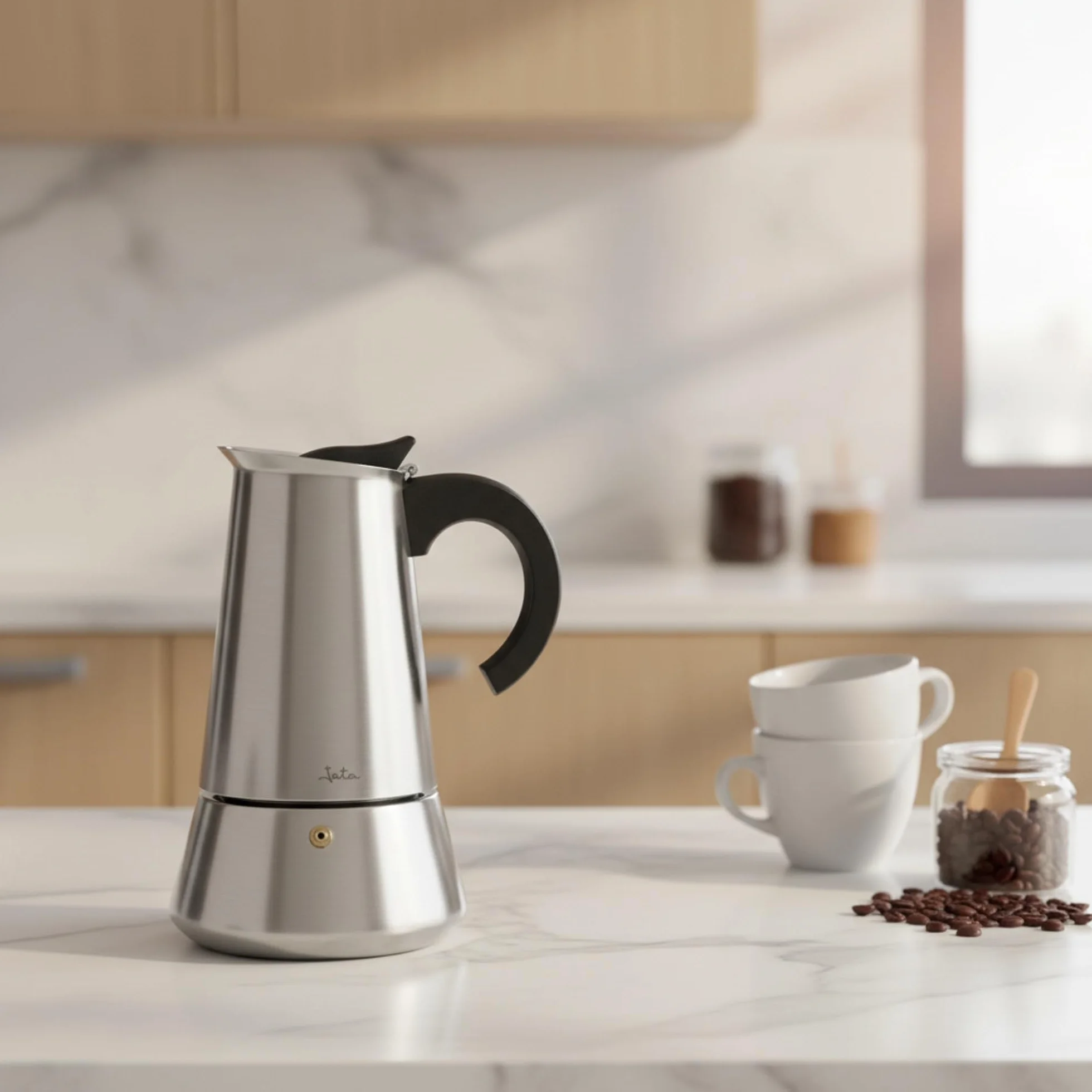 Jata Hogar CAX110 - Cafetera Italiana Inducción 10 Tazas Acero Inoxidable, Cafetera Moka Espresso, Compatible con Todas las Cocinas, Acabado Pulido Espejo, Mango Ergonómico Anticalor