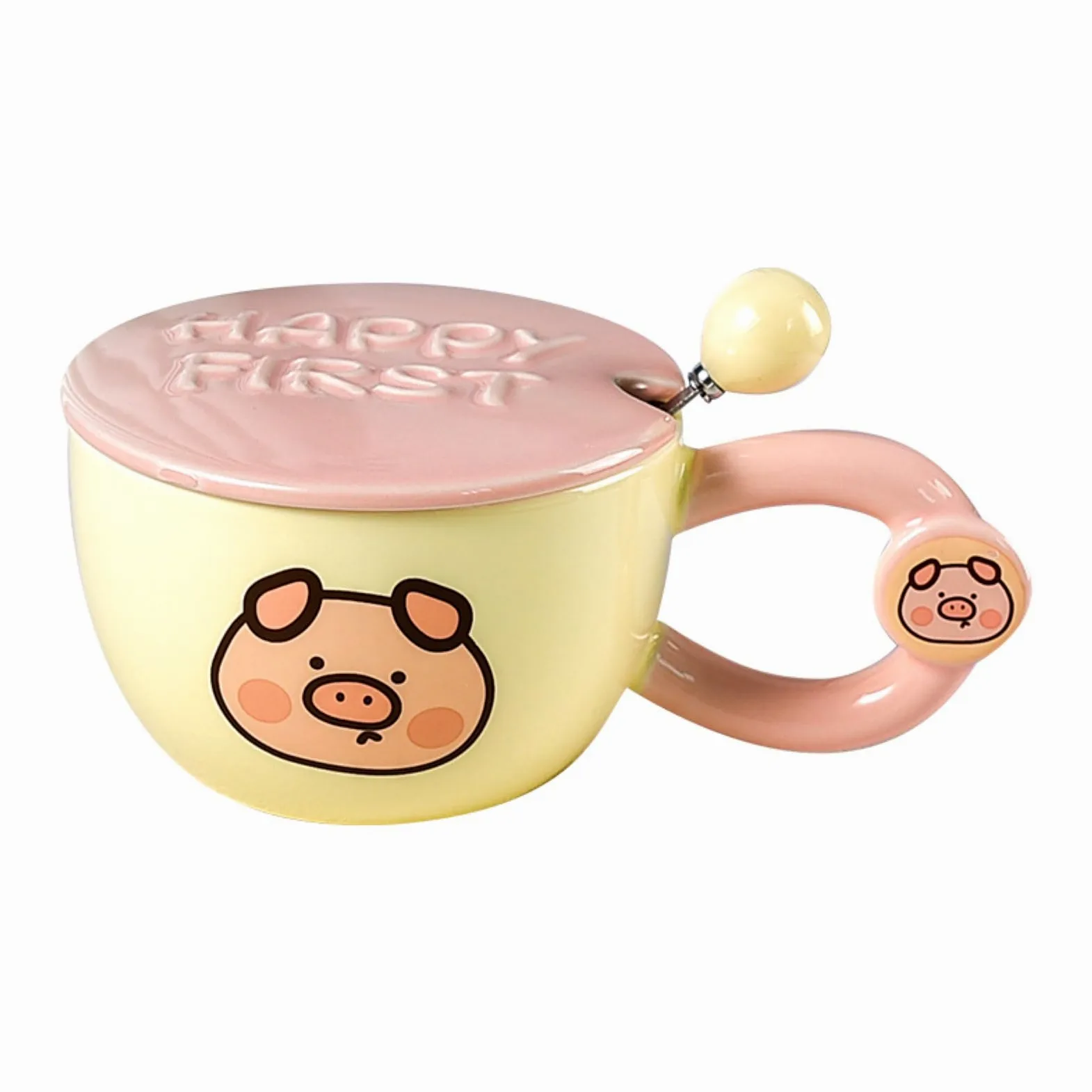Taza de desayuno de 400 ml con cuchara de boca ancha para parejas, cerdo, 400 ml