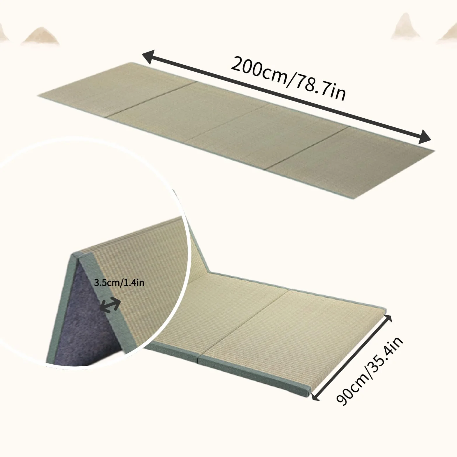 Tradicional Japonesa Tatami, futón Verde 100％ Natural de Rush Hierba(sin Teñir),a 4 Pieghe,para la meditación Yoga Zen Room japonés Tearoom,3.5cm Grueso(Size:90×200×3.5cm)