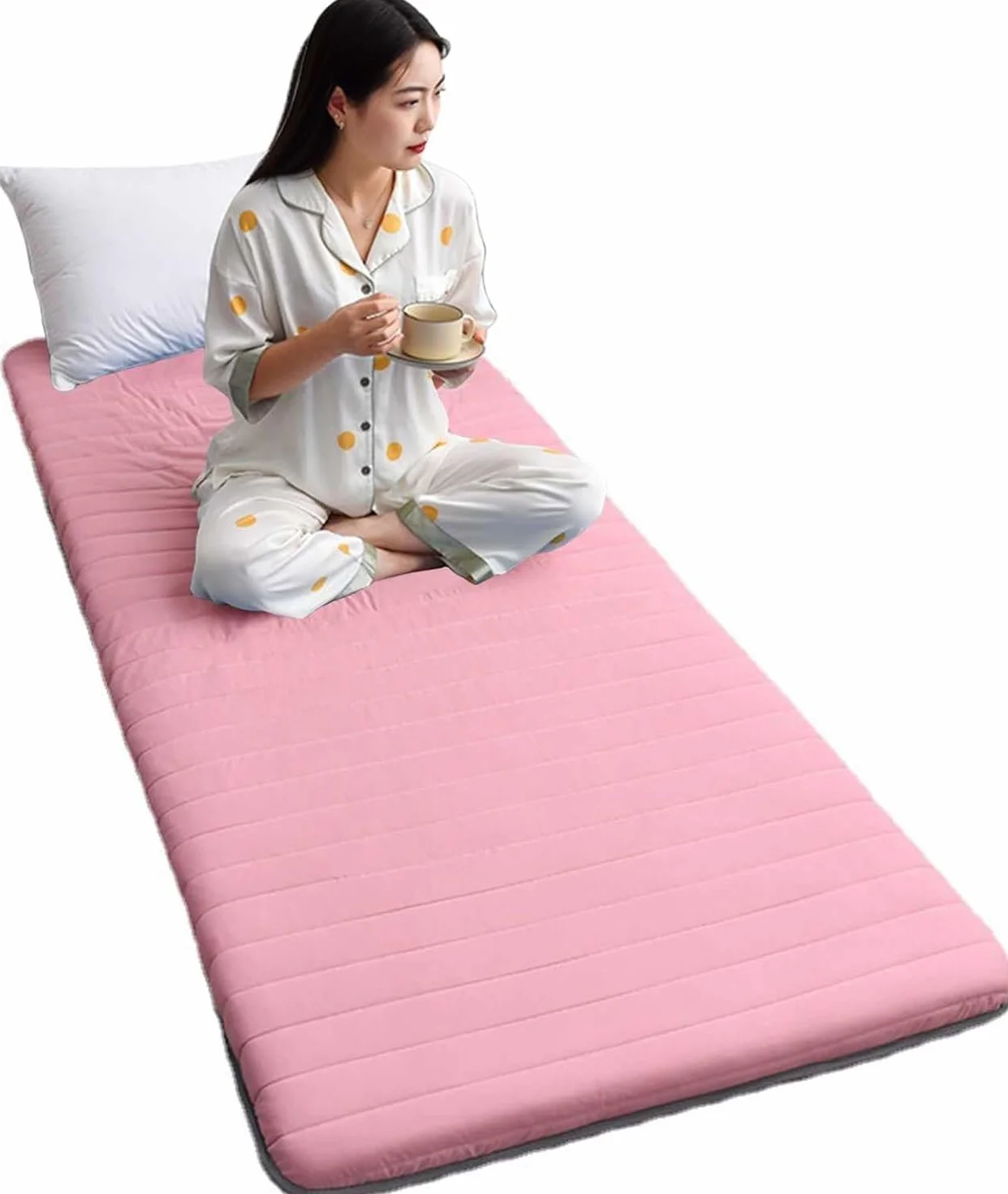 Colchón Individual para El Suelo con Bolsa De Almacenamiento Al Vacío Reutilizable - Tatami Japonés Colchoneta Futón De Algodón Enrollable Cama De Invitados Plegable (90x190CM,Rosa)