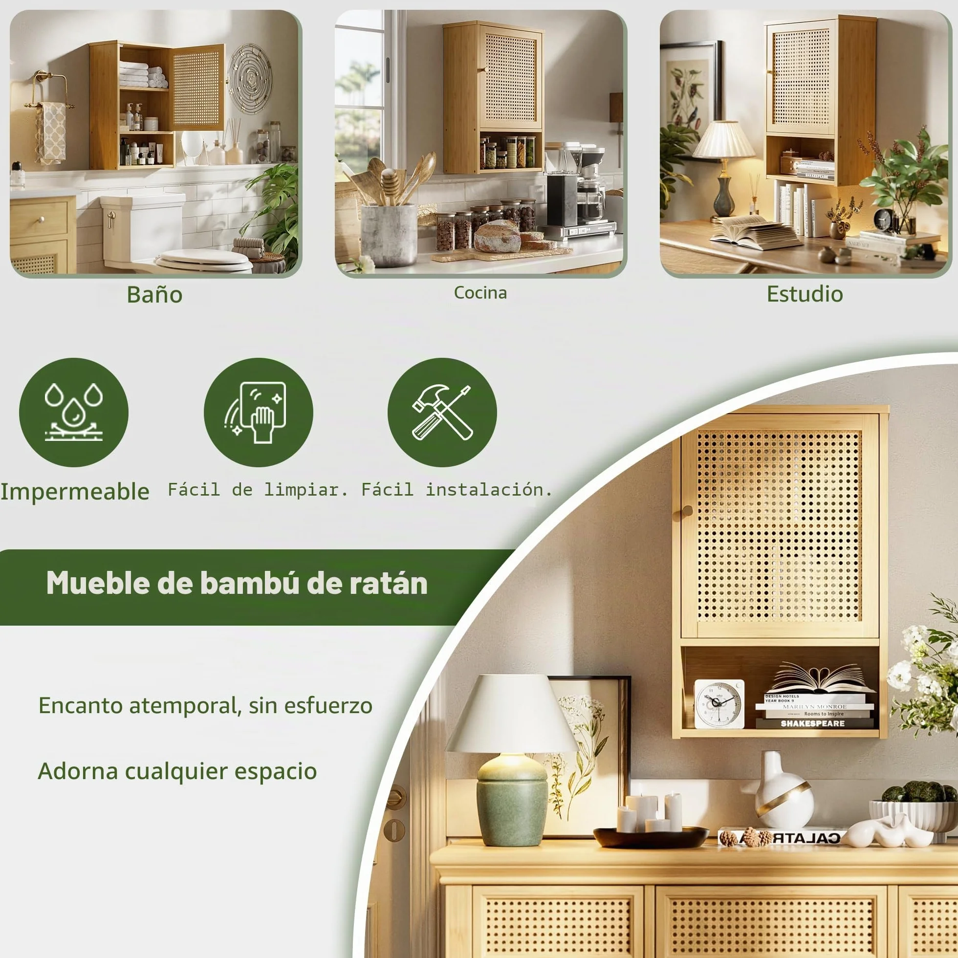 Armario de Pared para Baño, Organizador de Bambú para Almacenaje sobre el Inodoro con Puertas de Ratán y Estante Ajustable, Botiquín Ahorrador de Espacio para Lavandería, Cocina (Natural)