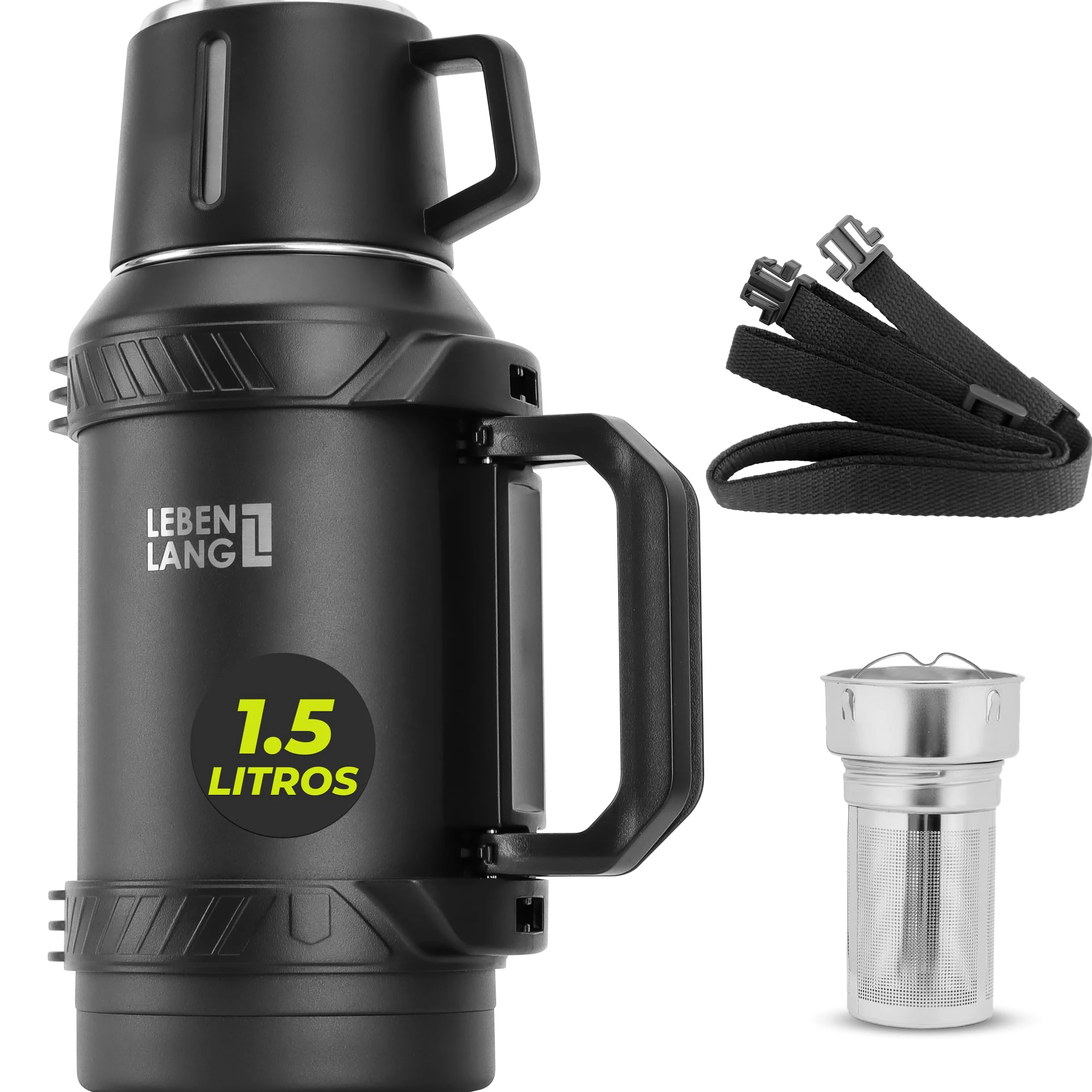 LEBENLANG Termo café de 1,5 litros - 24 horas de calor & Incl. vaso | Termos mate liquidos Botella termica fria 1 5 L montaña para cafe Thermos bottle agua calientes I filtro para té & bandolera