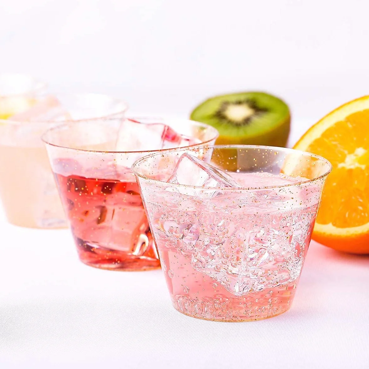 PIQIUQIU 25 Vasos Transparentes de Plástico Duro con Brillo Dorado - 270ml / 9oz Vasos Reutilizable Ideales para Fiestas y Eventos