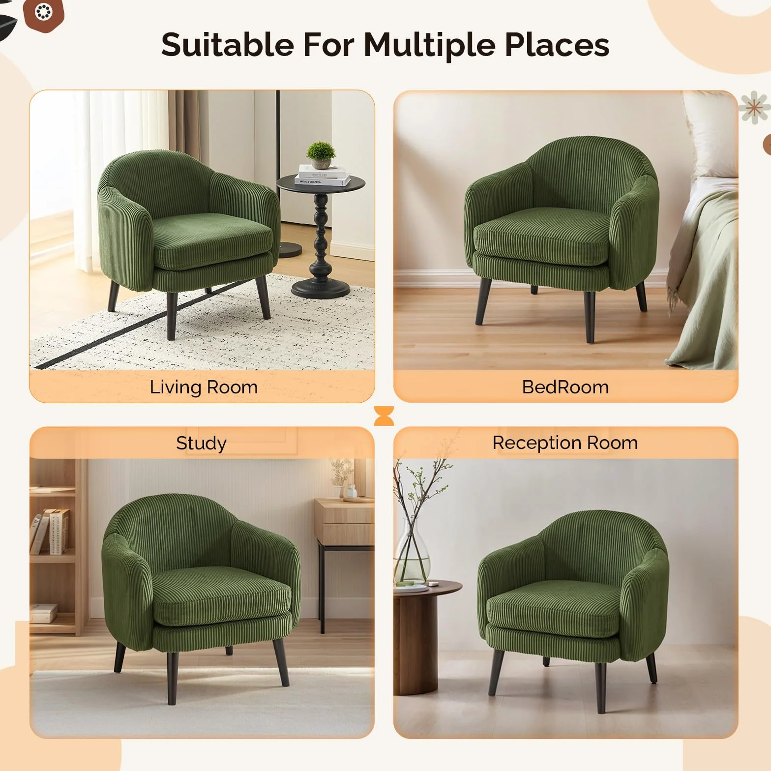 Bonnlo Butaca Tapizada de Pana Moderna, Sillón Individual de Lectura con Reposabrazos, Patas de Madera, Sillón Auxiliar para Salón y Dormitorio, Estilo Nórdico (Verde Oscuro)