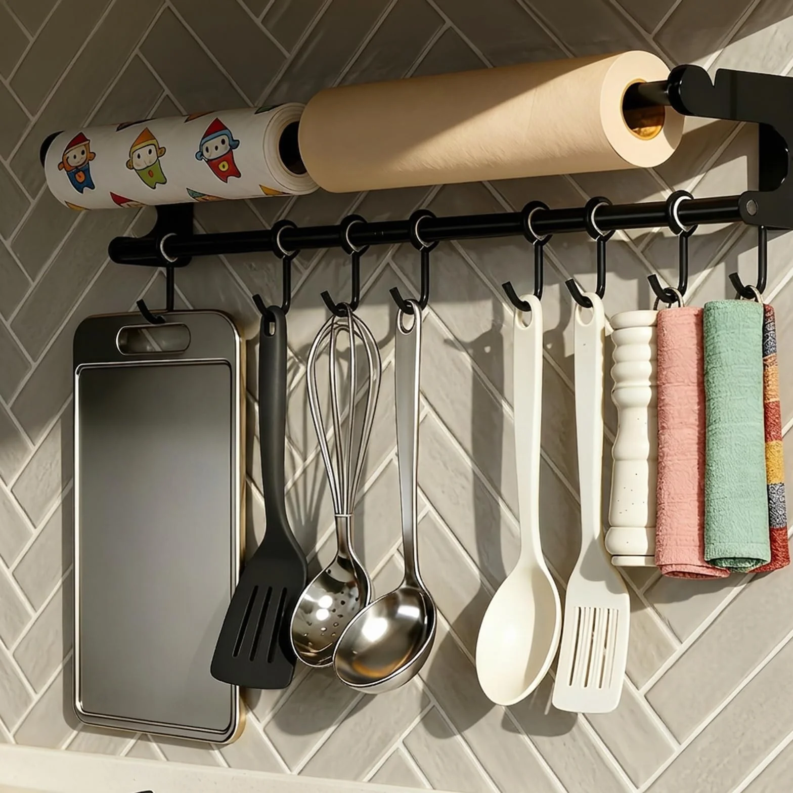 PARFCO Barra Cocina Colgar Utensilios 50 cm, Barra Colgante de Cocina Negra con 8 Ganchos Extraíbles, Porta Utensilios de Cocina, para Espacio para Espátulas, Tablas y Cucharas