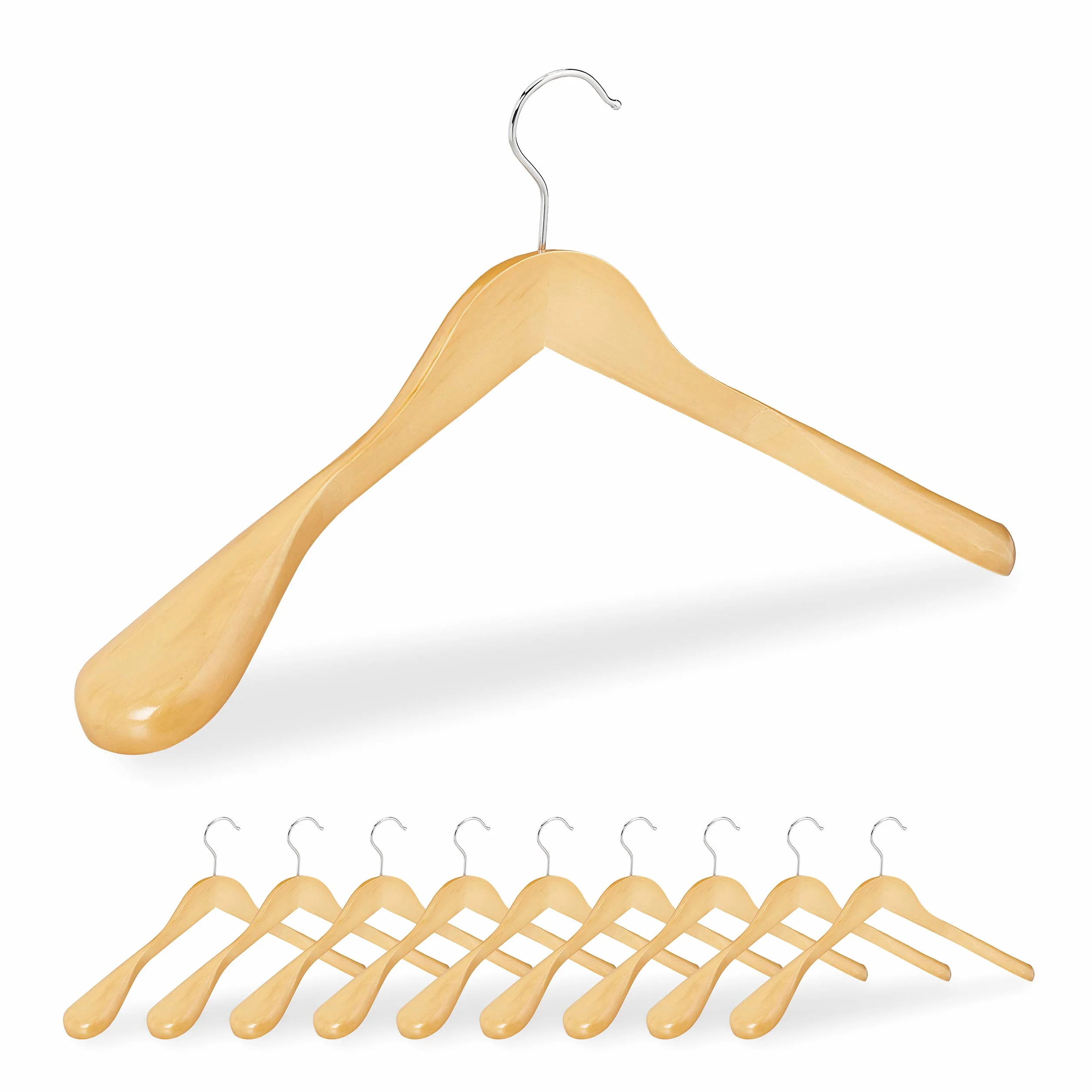 Relaxdays Pack de 10 Perchas Traje Anchas, para Chaquetas, Abrigos o Vestidos, Madera, 45 cm de Ancho, Marrón Natural