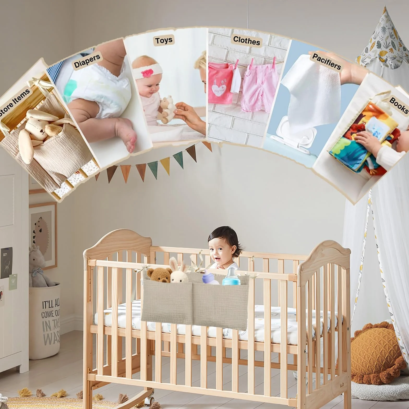 Organizador Colgante para Cama de Bebé, Bolso con Dos Bolsillos Grandes para Pañales y Juguetes, Caqui