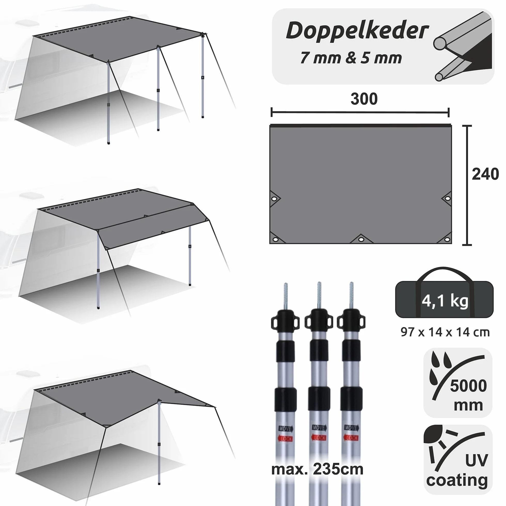 Caravan Tarp TC toldo impermeable algodón protección UV 50+ barras telescópicas aluminio 300x240 cm