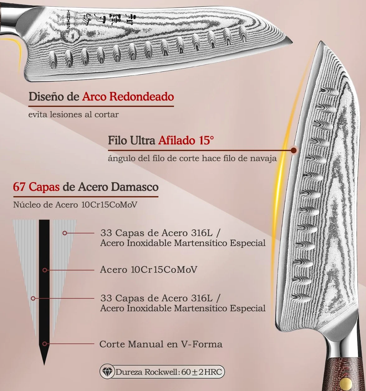 HEZHEN Cuchillo Santoku con Funda de Madera, Cuchillo de Chef Estilo Japonés Cuchillo Gyuto, Hoja de Acero Damasco de Alto Carbono, Full Tang Mango de Micarta