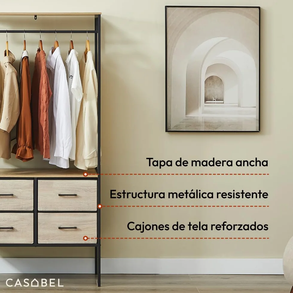 CASABEL Armario Abierto para Ropa 80×40×167 cm con 4 cajones de Tela rígida, cómoda compacta para Dormitorio o recibidor, Estructura de Metal Negro y Tablero de Madera