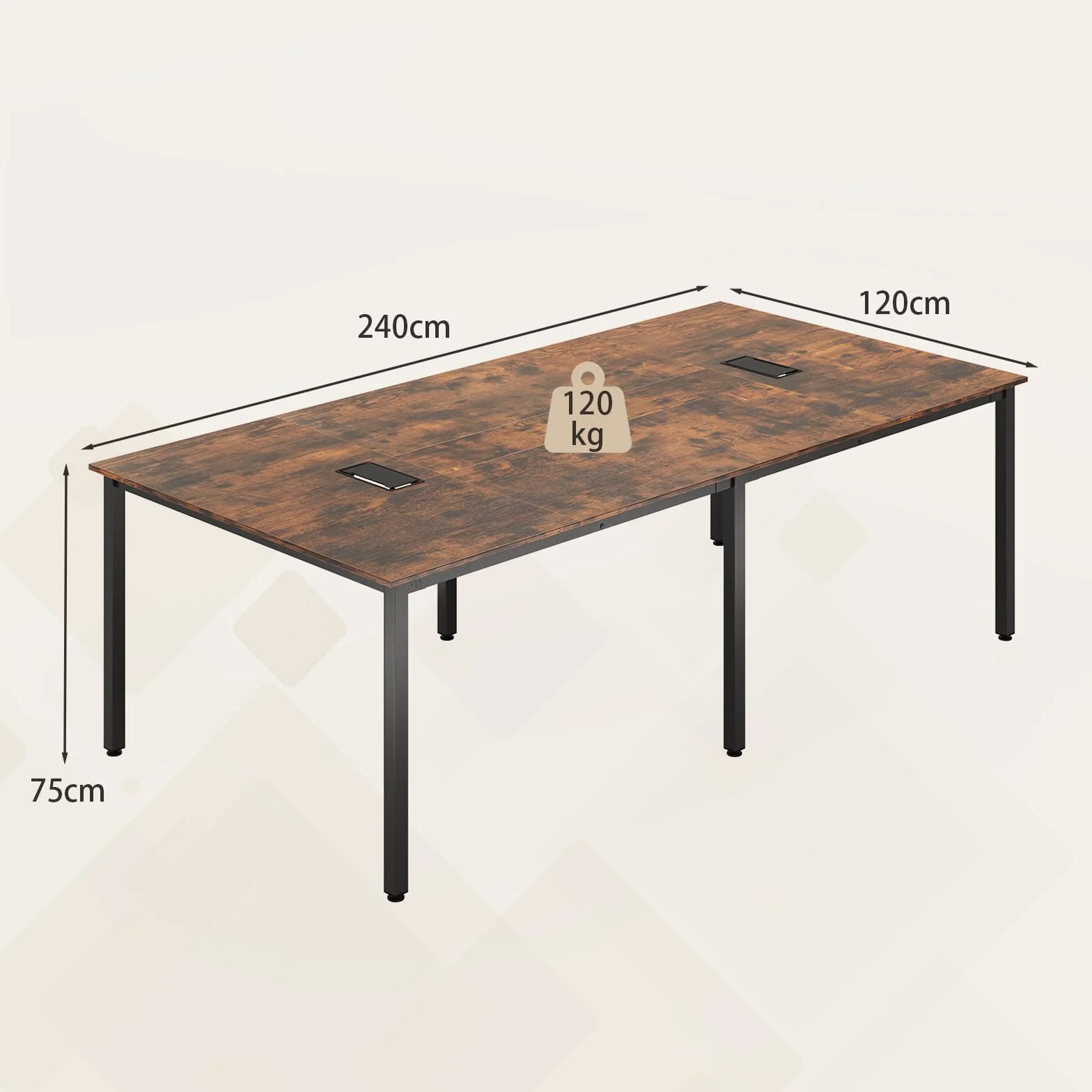 COSTWAY Mesa de Reunión 240 x 120 cm, Mesa Grande de para 10 Personas, Escritorio Rectangular con 2 Pasacables, Oficina, Sala de Juntas, Marrón Rústico