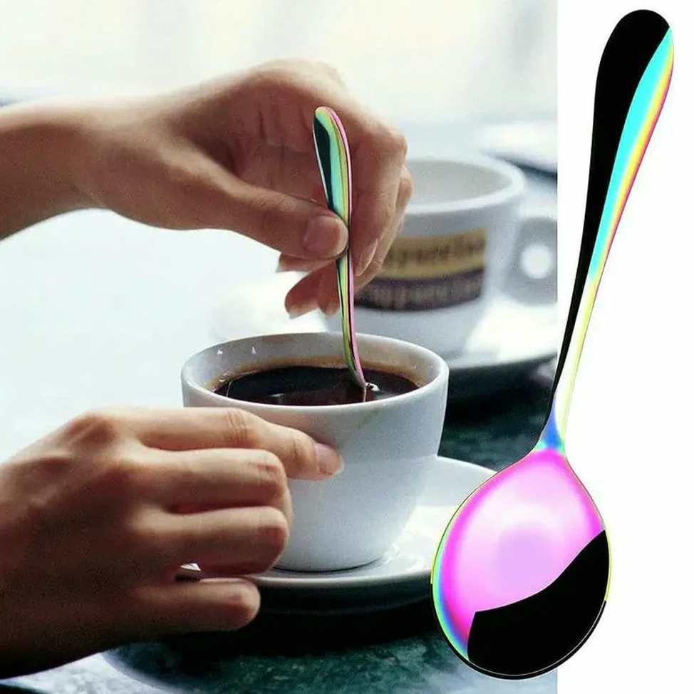 ZBDP - Cucharas pequeñas de postre de acero inoxidable de 14 a 12 unidades, de acero inoxidable, redondas, para agitar, cubiertos coloridos
