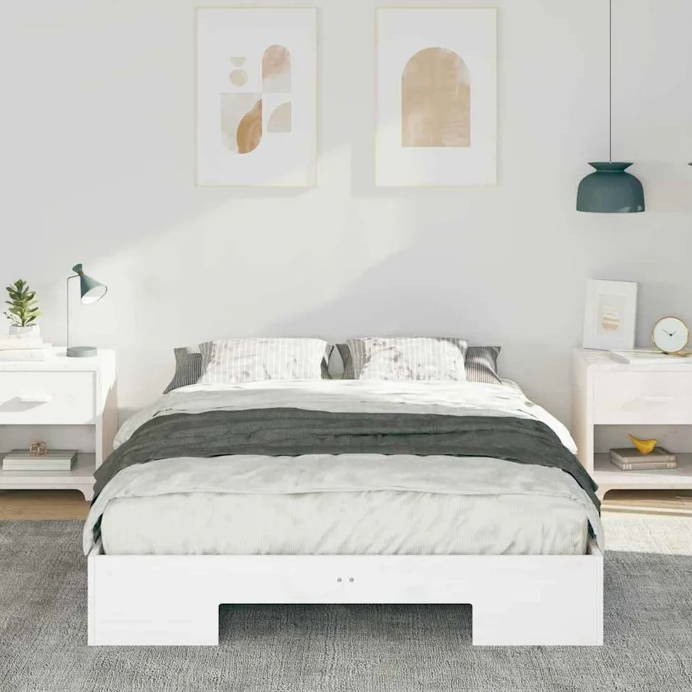 Marco de cama de madera maciza de pino blanco 135 x 190 cm con espacio de almacenamiento y plataforma estable, juego de dormitorio moderno para colchón cómodo y uso a largo plazo