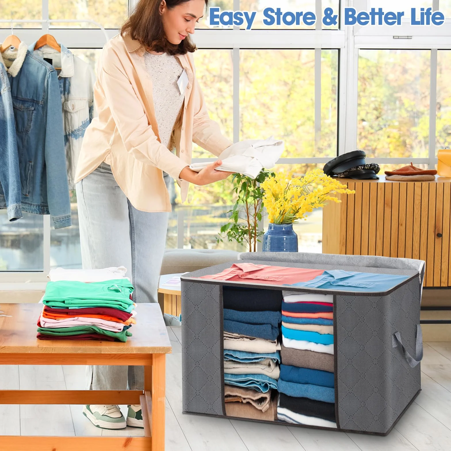 AIOR 2pcs Bolsa de Almacenamiento de Ropa Plegable, 60L Grandes Cajas de Almacenaje Ropa con Mango Reforzado, No-Tejida Organizador Guardar para Edredones Mantas, 55x35x32cm