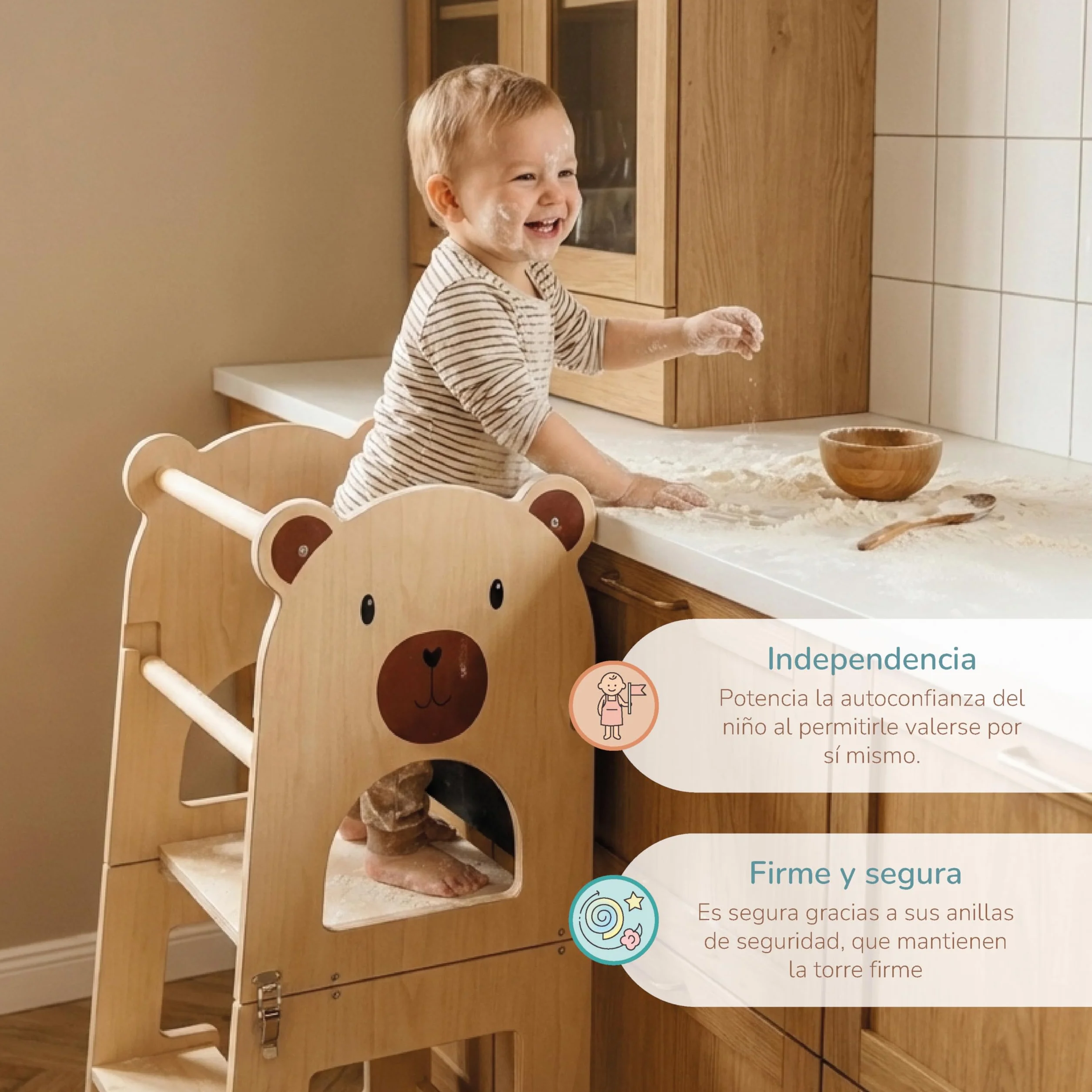 Buddy Baby Xperimenta Torre de Aprendizaje Madera Maciza Montessori Convertible Escritorio Infantil Taburete Cocina Plegable Barra Seguridad