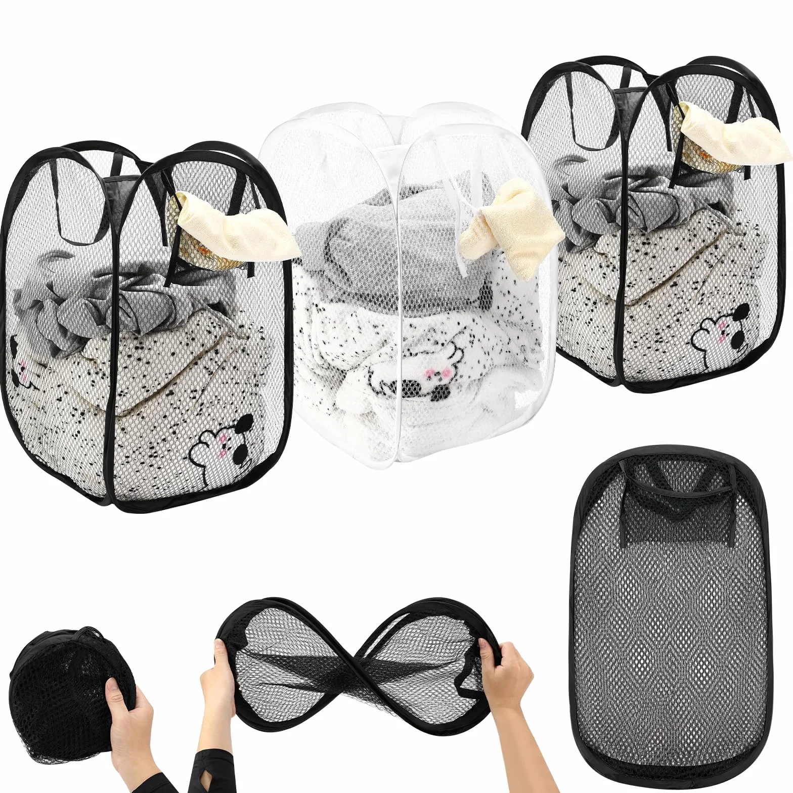 3 piezas Cesto Plegable de Malla Plegable, Cesta Ropa Plegables con Asas, Cestos para Lavanderia Plegables, Cesta Portátil de Malla, Pop-Up Mall Barreño para Baño, Camping y Viajar