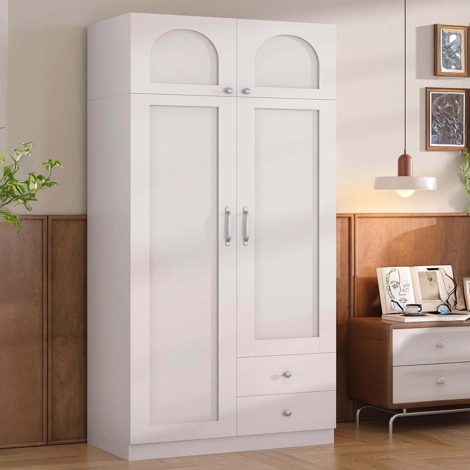 Hzuaneri Armario de 4 Puertas, 45×80×180 cm, Armarios Dormitorio con 2 Cajones y Perchas, 2 Estantes y Ganchos en Los Laterales de Las Puertas, Estilo Moderno y Minimalista, Blanco BW08003E