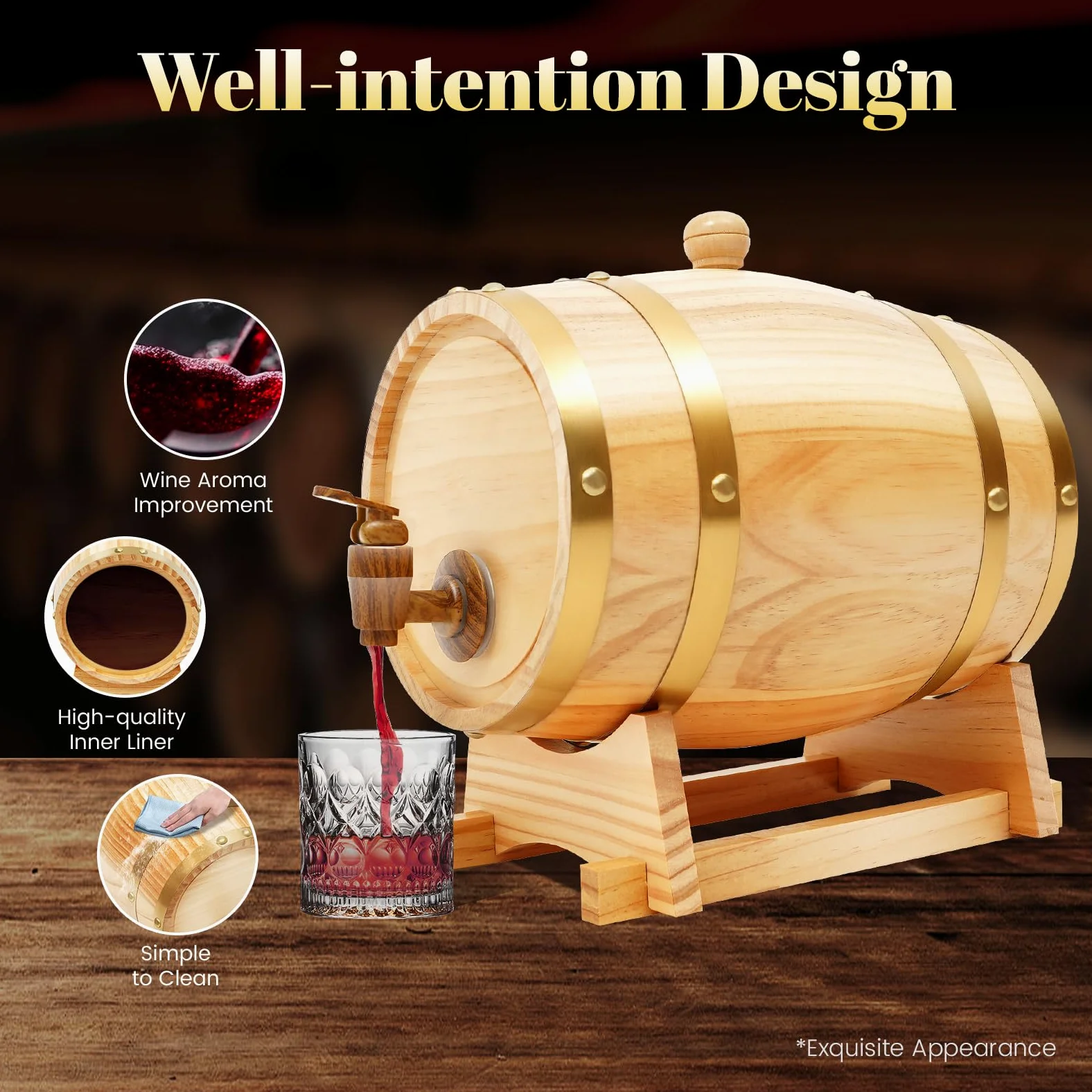 Barril de vino de madera de 3 litros con caballete y grifo, barril de whisky para almacenamiento de whisky, vino