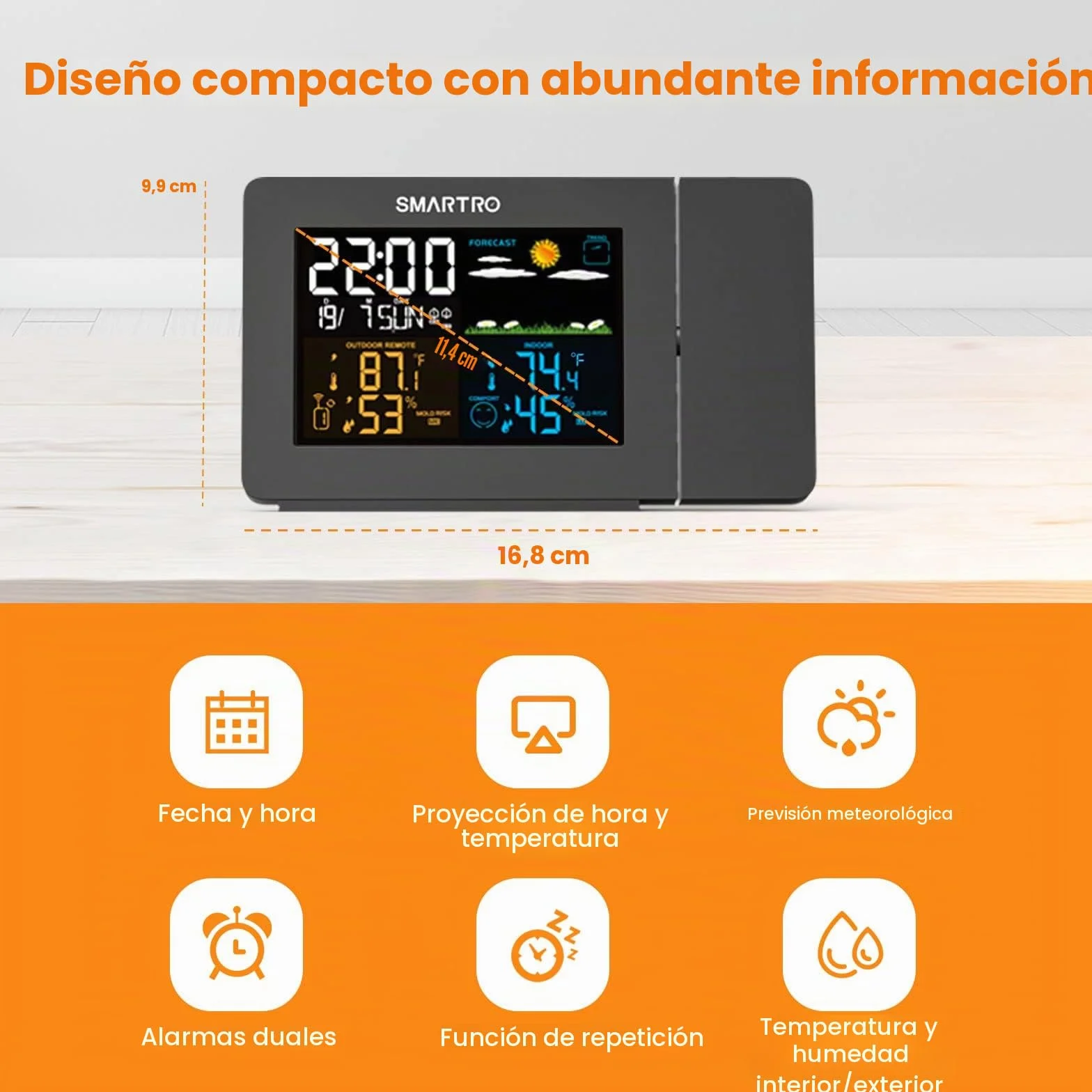 SMARTRO SC91 Despertador de proyección para dormitorios con estaciones meteorológicas, termómetros inalámbricos interiores y exteriores, monitores de temperatura y humedad y higrómetros