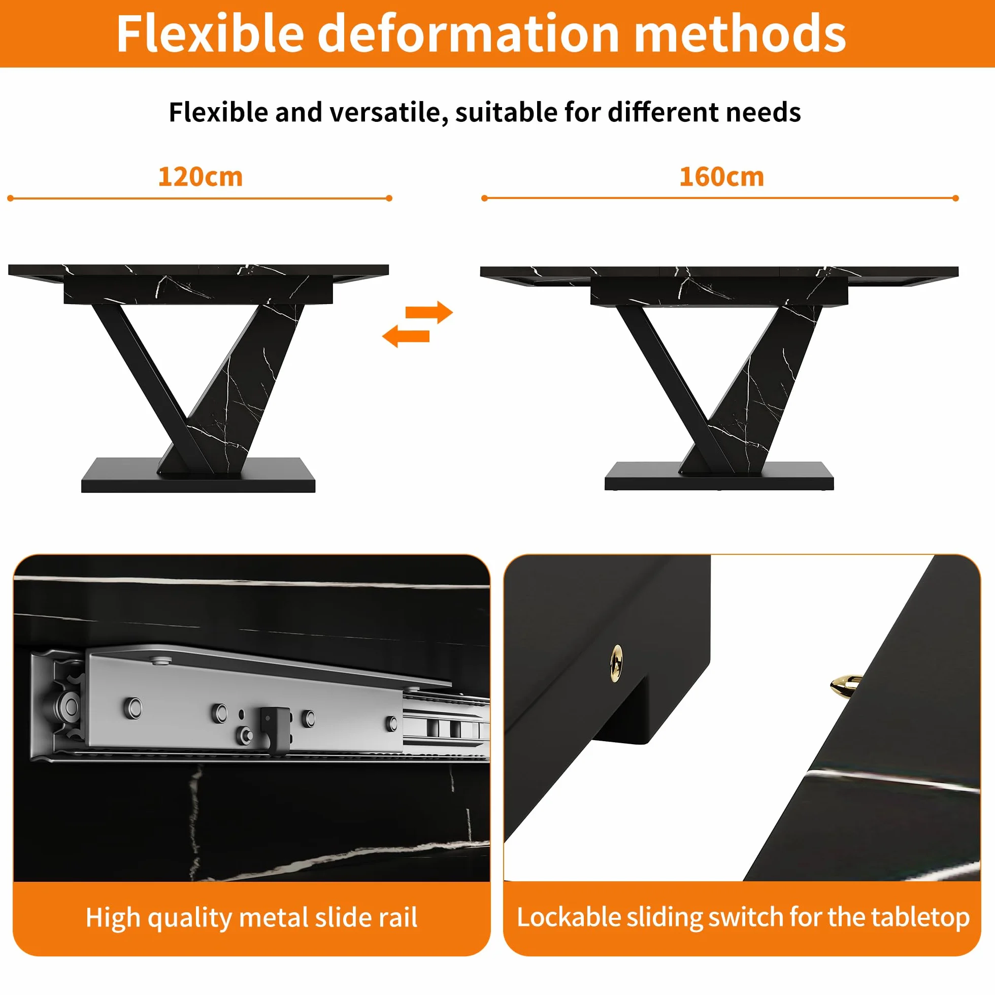 Mesa de comedor (120-160 x 75 cm), telescópica, mesa de cocina, mesa extensible, para cocina y salón, con diseño de mármol negro