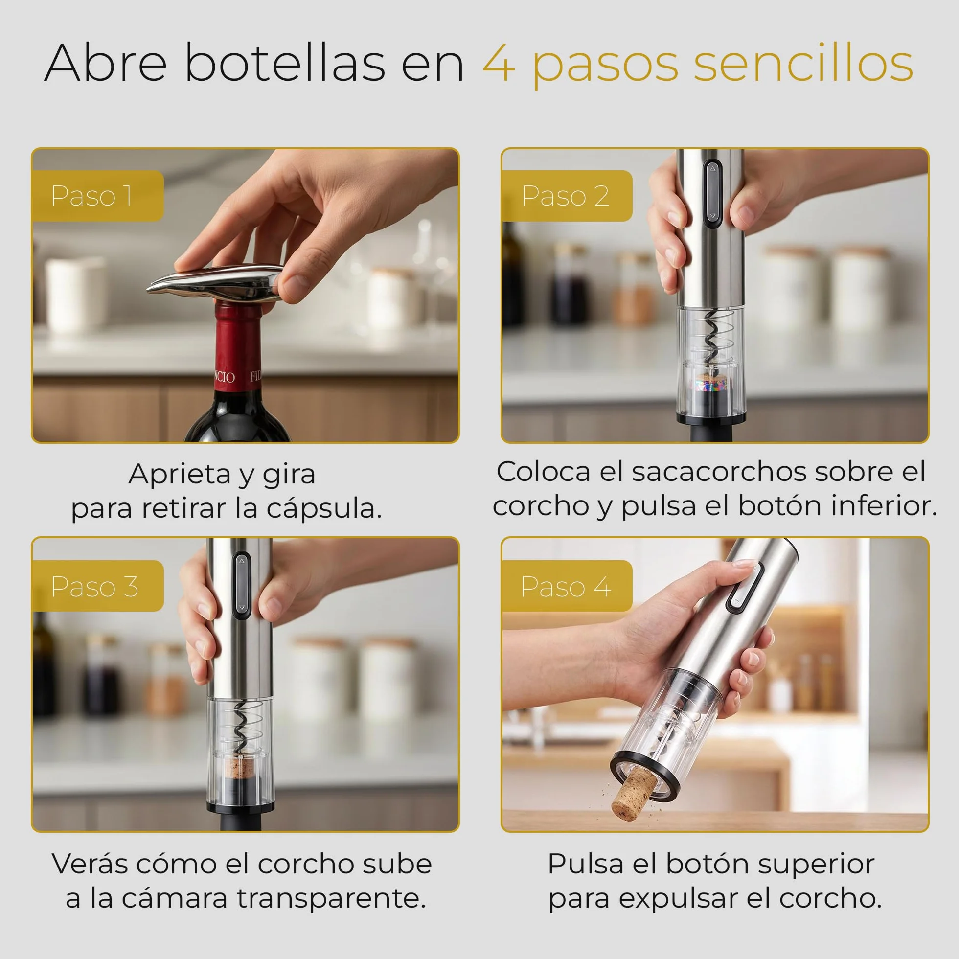 Sacacorchos Eléctrico Recargable para Vino con Cortacápsulas, Tapón de Vacío y Anillo Antigoteo, Set Abridor en Caja Regalo