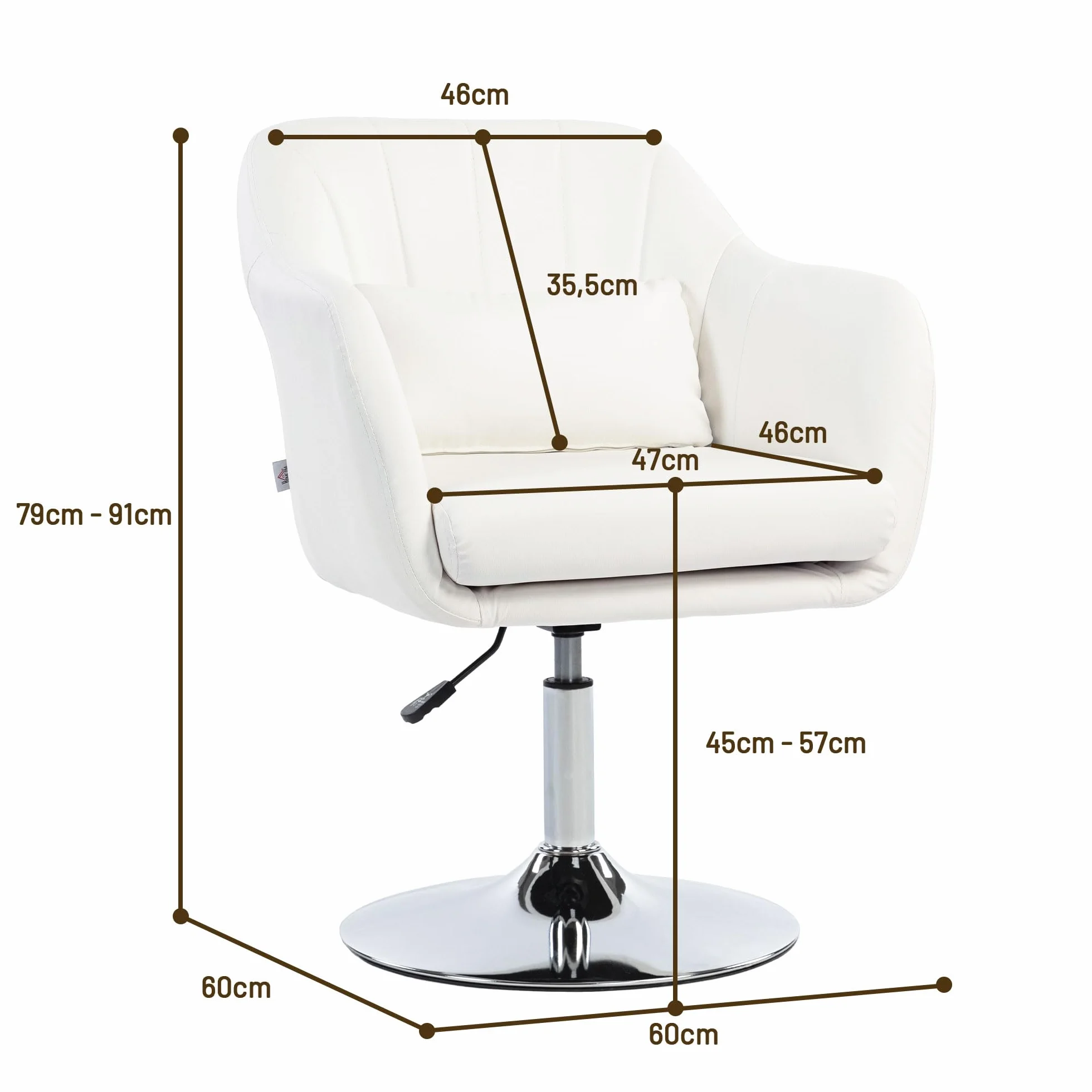 HOMCOM Butaca de Dormitorio Moderna Giratoria Tapizada en PU Con Altura Ajustable, Reposabrazos y Cojín Para Salón y Sala de Estar - Blanco