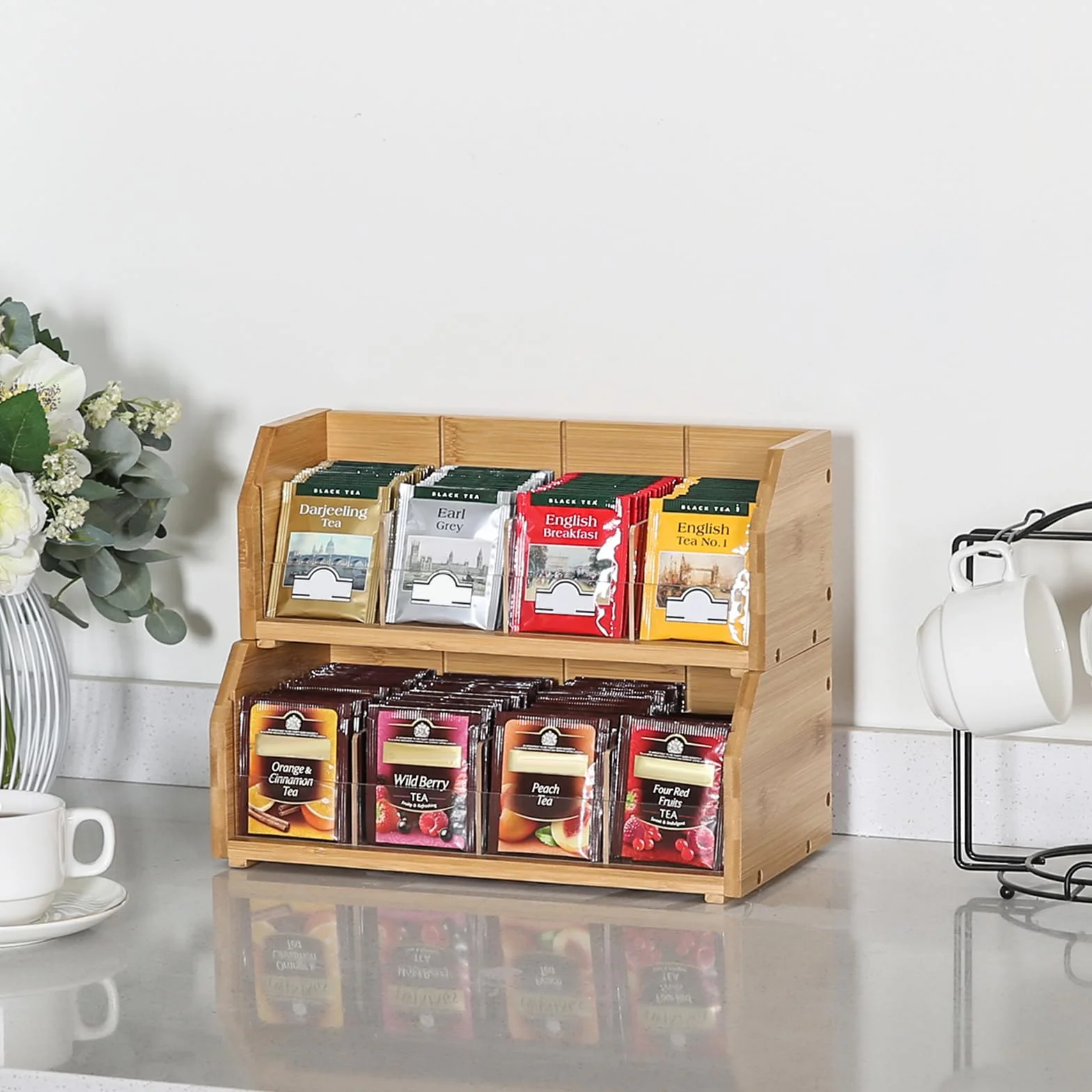 TIOPGHAD Organizador de bolsas de té de bambú apilable de 2 capas, soporte de almacenamiento para bolsas de té, contenedores de madera para té, estante de estación de té para gabinete, encimera