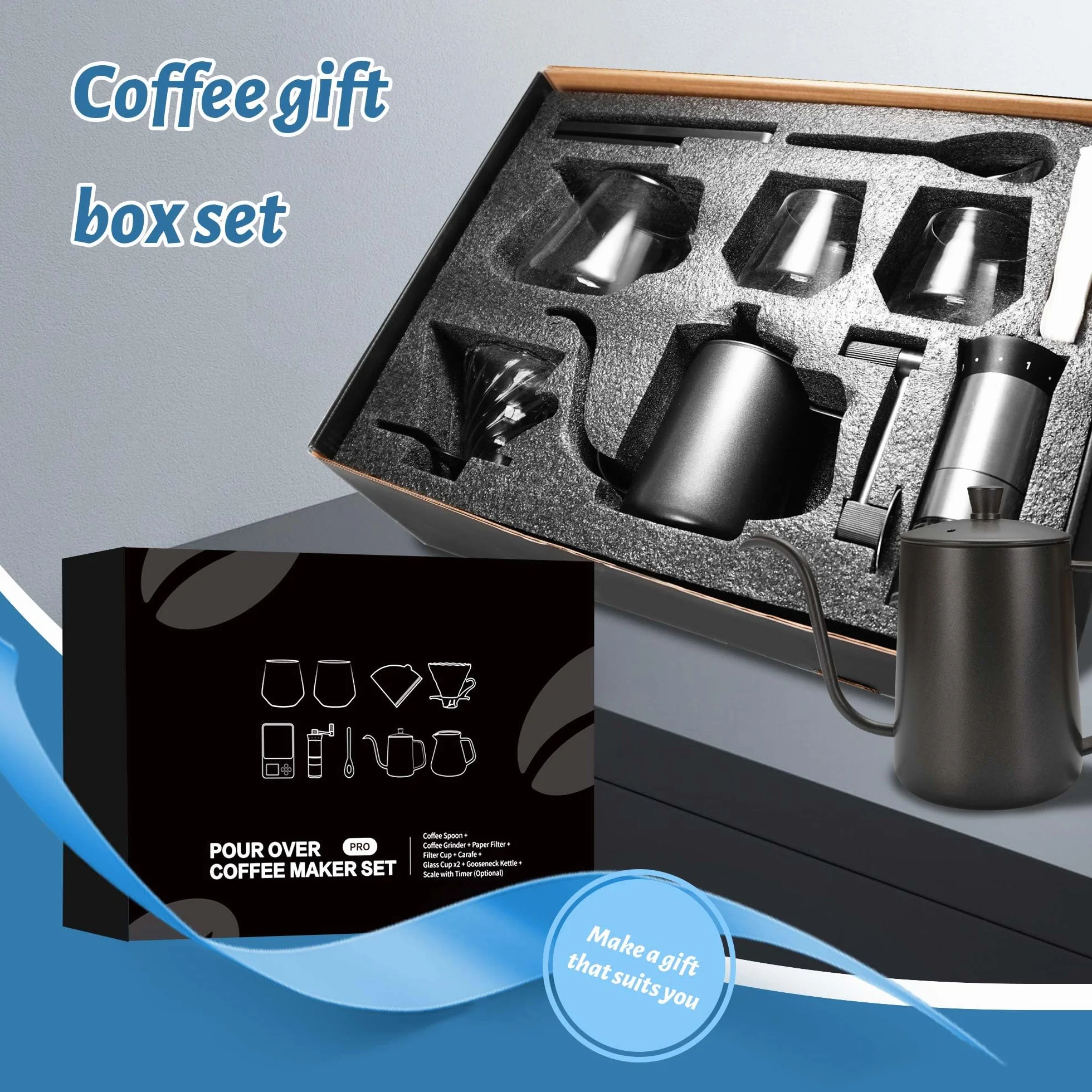 SuperCook Juego de café de goteo manual todo en uno, incluye hervidor de cuello de cisne, gotero de vidrio V60, filtro de papel, tazas de café, molinillo manual, escala de café, ideal para regalo de