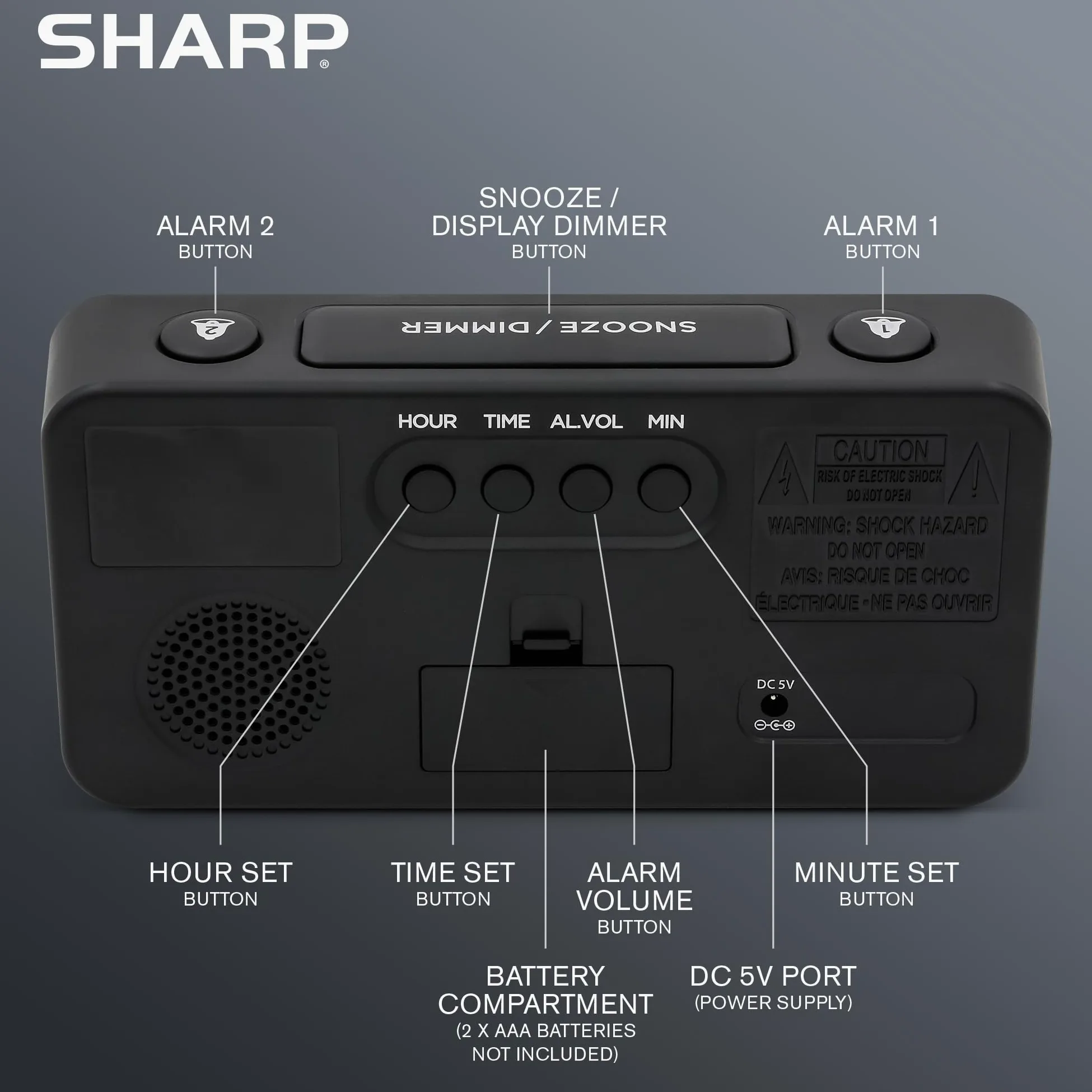 Sharp Reloj Despertador Digital con números Gigantes, fácil de Ver, Grande en Cualquier Lugar, operación Simple, batería de Respaldo, Caja Negra, Pantalla LED roja