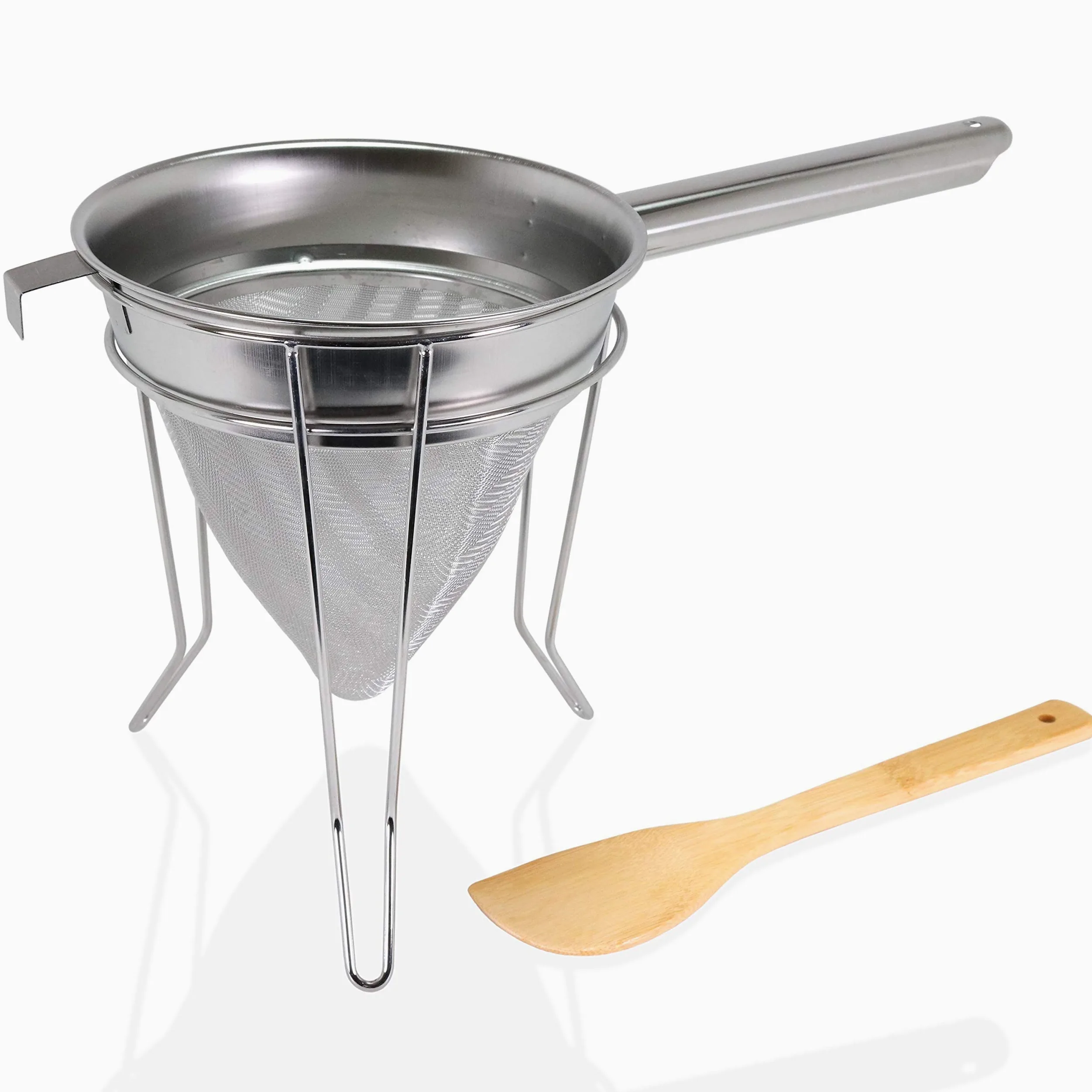 Anchy Premium 20cm Colador Chino de Malla Fina Set con Soporte & Espátula – Acero Inoxidable 18/8 Gran Tamiz Cónico Profesional para Salsas, Sopas, Caldo, Gelatinas & Purés