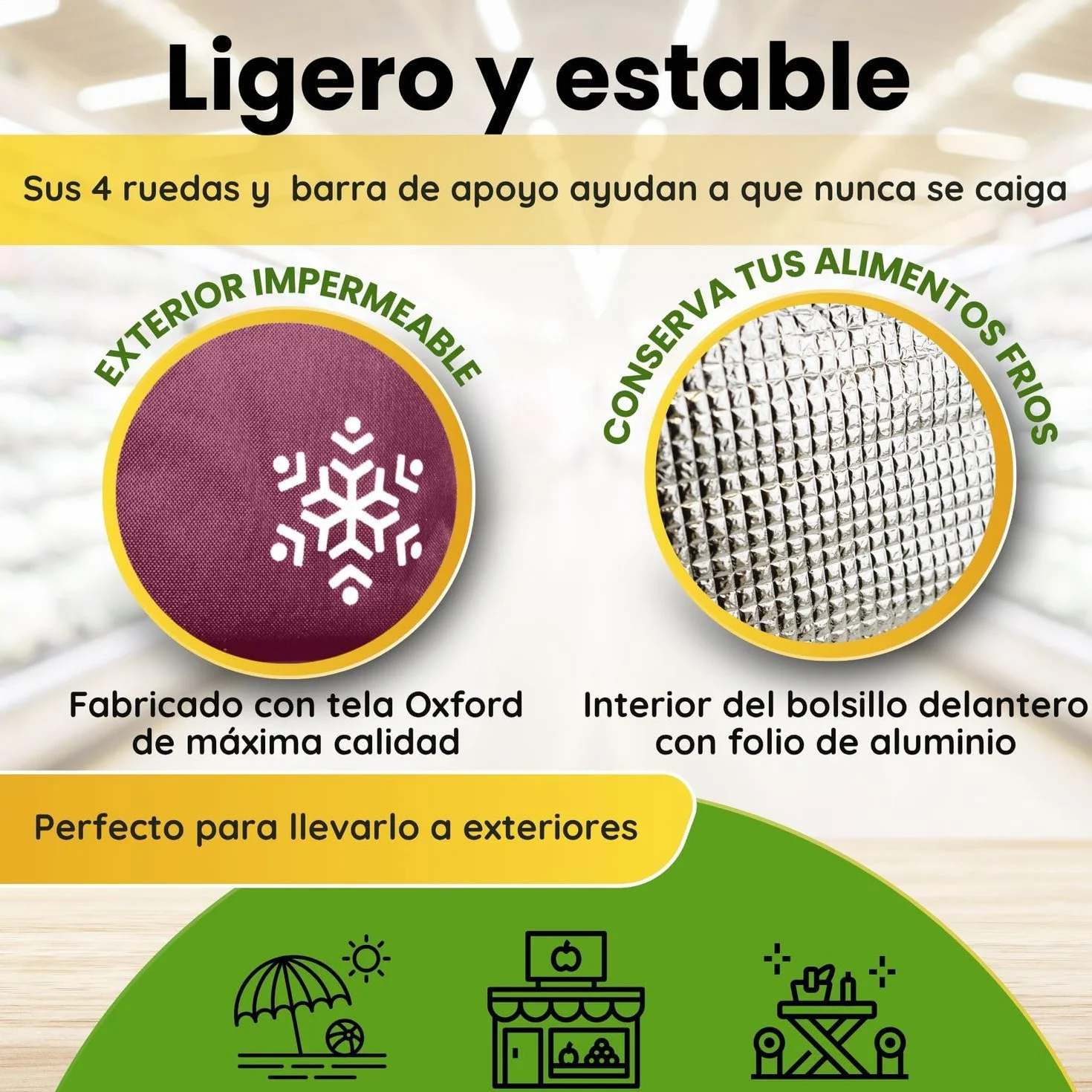Carro de la Compra 50L con Compartimento Refrigerante y Gancho, 4+2 Ruedas Ideal Supermercado Granate