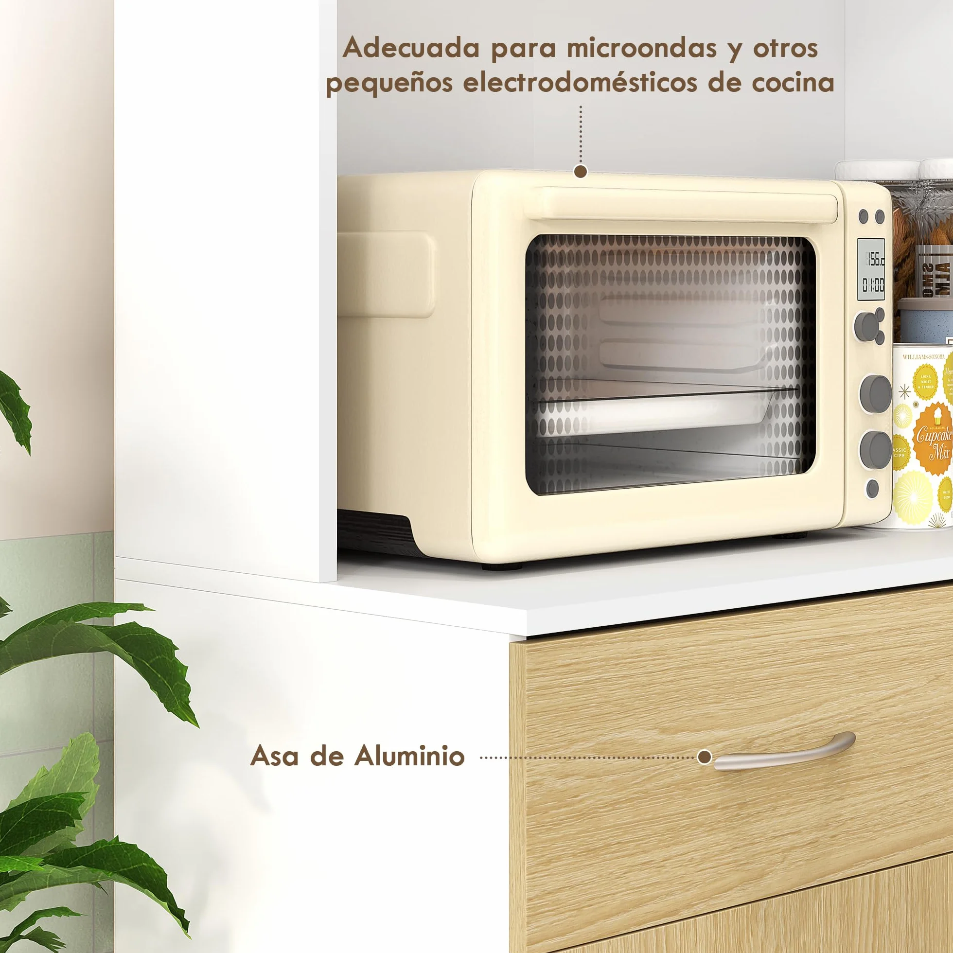 HOMCOM Alacena de Cocina Mueble Auxiliar de Cocina con Puertas Cajón y Estantes Ajustables Antivuelco para Comedor Salón 80x40x180 cm Natural y Blanco