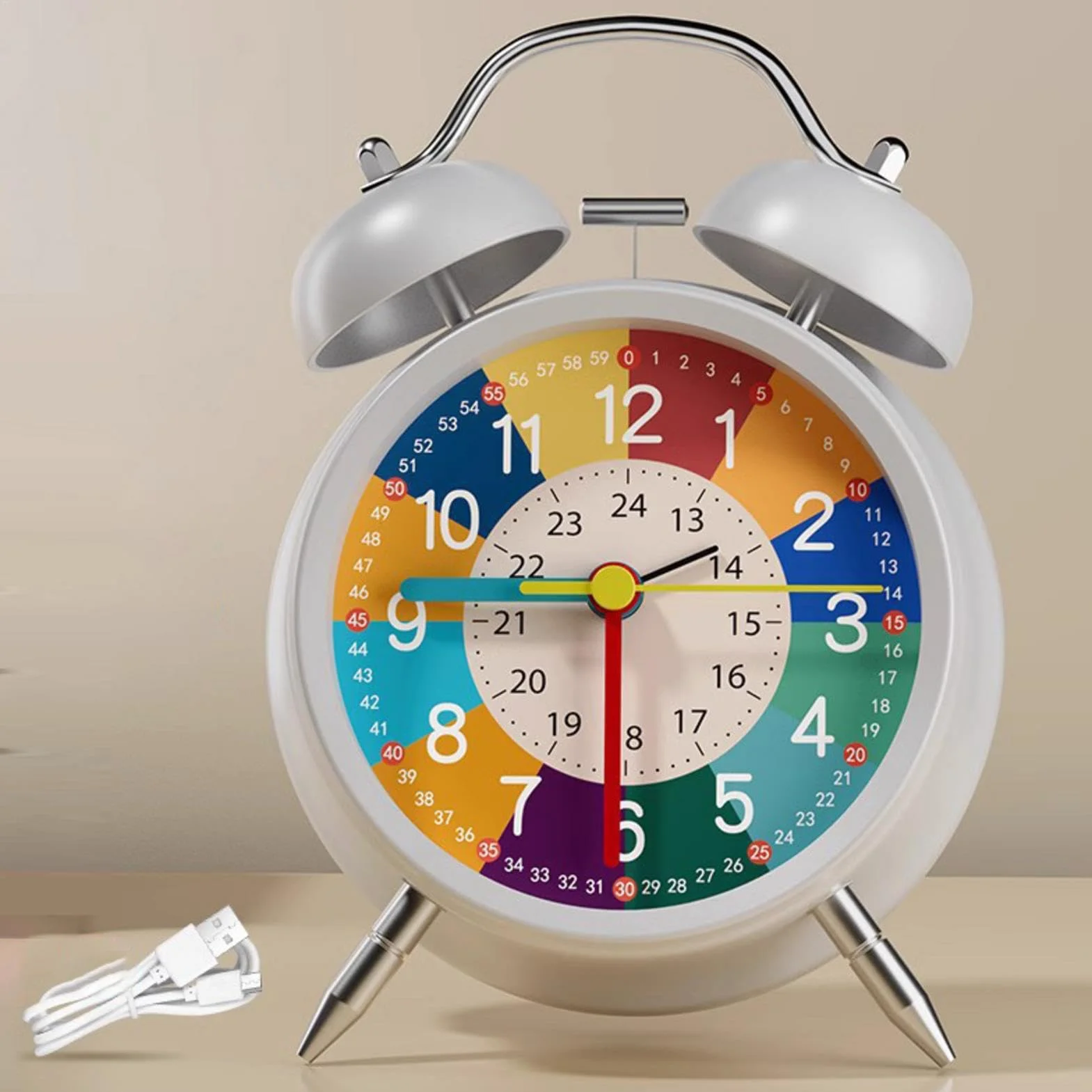 Analogue Alarm Clock Non Ticking Interactive Learning Clock For Kids 11.5x16cm Brightly Colored With Night Light