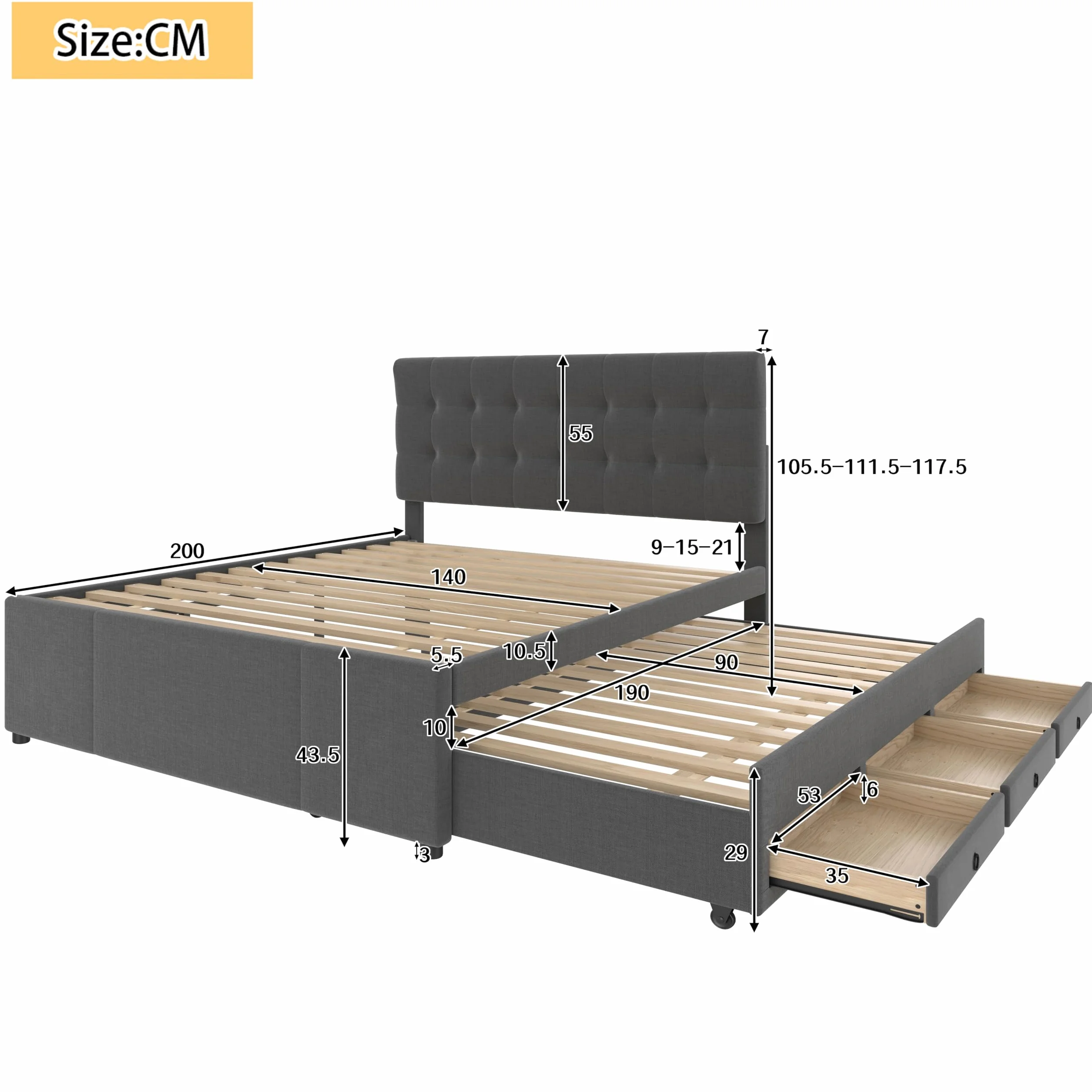 Moimhear Cama de matrimonio acolchada familiar con tres cajones, cama extraíble, cabecero ajustable (gris)