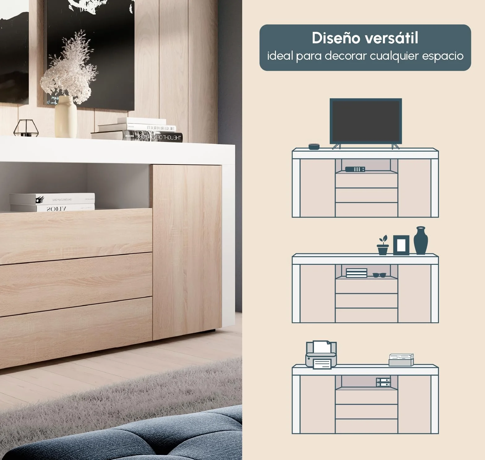 MB Muebles Bonitos | Aparador con Puertas y cajones Yanis para Salón Comedor Moderno | Melamina Mate | Color Blanco y Sonoma | 160x72x35 cm