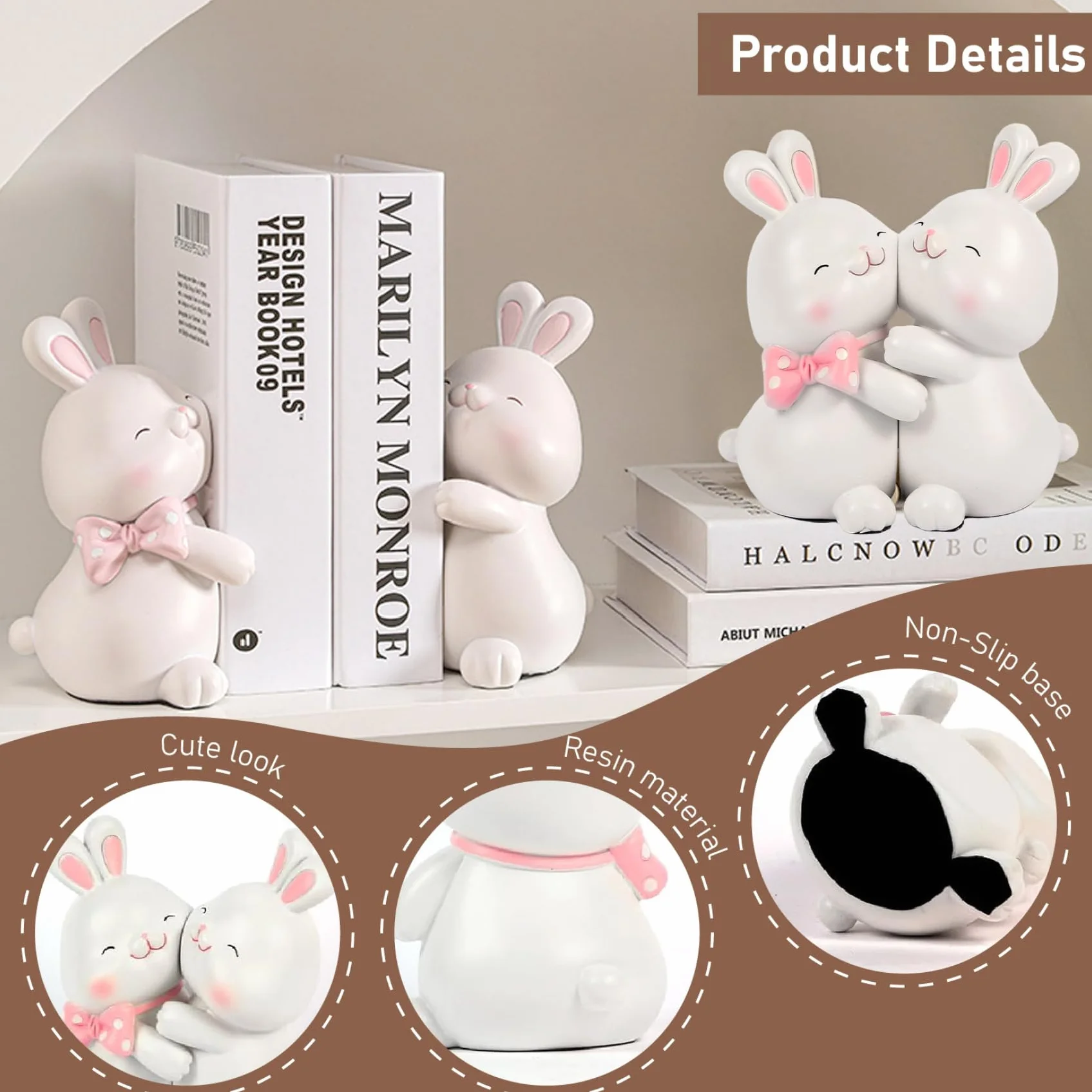 1 par de sujetalibros Decorativos, Bonitos sujetalibros de Resina de Conejo de 6, 5x4, 3x3, 2 Pulgadas para Libros Infantiles, Bonitos con Base Antideslizante para decoración de habita