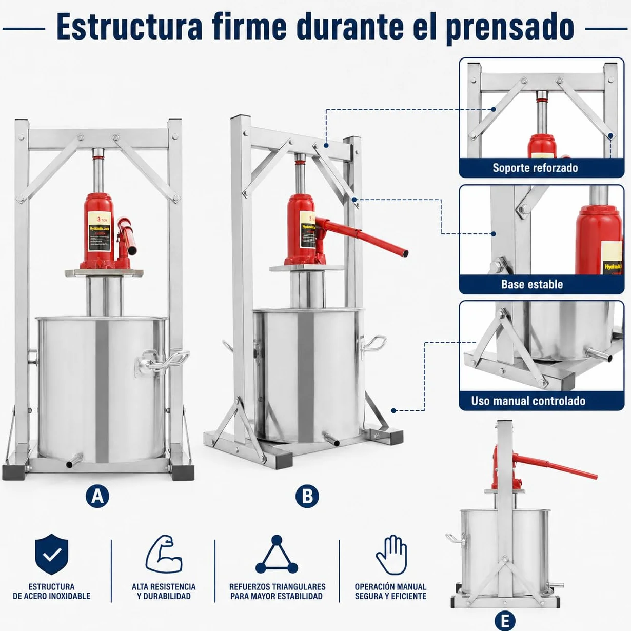 Prensa Hidráulica para Frutas 12L, Prensa Manual de Acero Inoxidable 201/304 con Gato 3T con Tambor, Marco de Prensa y Conector Hidráulico para Uvas, Manzanas, Sidra, Vino y Zumo