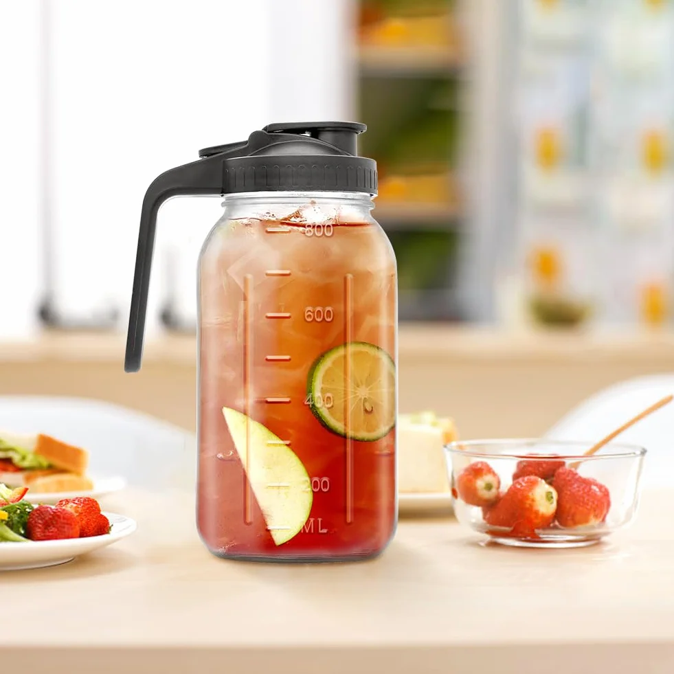 Jarra de vidrio de 32 onzas con boquilla de vertido y asa, jarra de boca ancha a prueba de fugas para café frío, té helado, jugo, limonada, té solar, bebidas de frutas, tapa hermética para