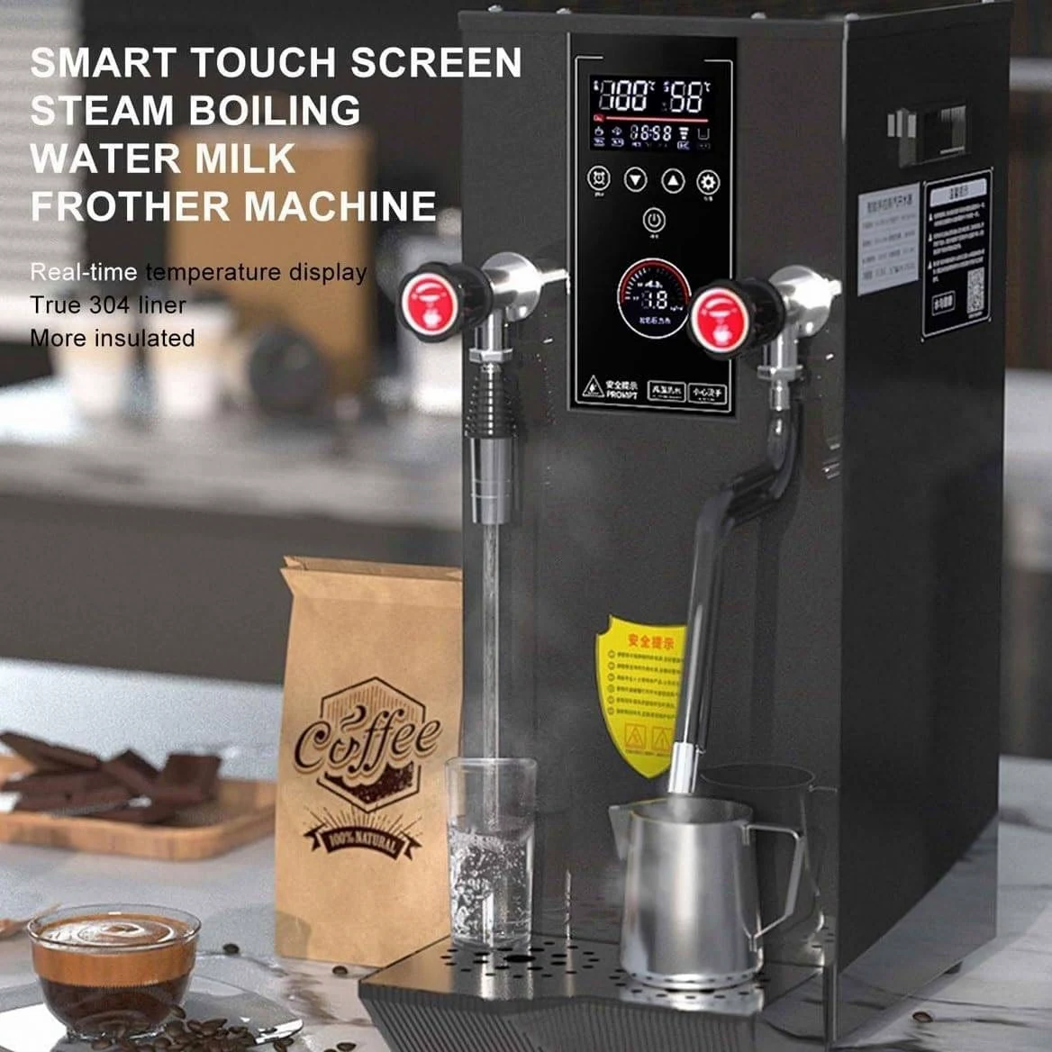 Espumador de leche comercial, hervidor de vapor de alta potencia de 2500 W con pantalla LED de temperatura, tanque interior de acero inoxidable, boquilla de liberación de presión profesional para