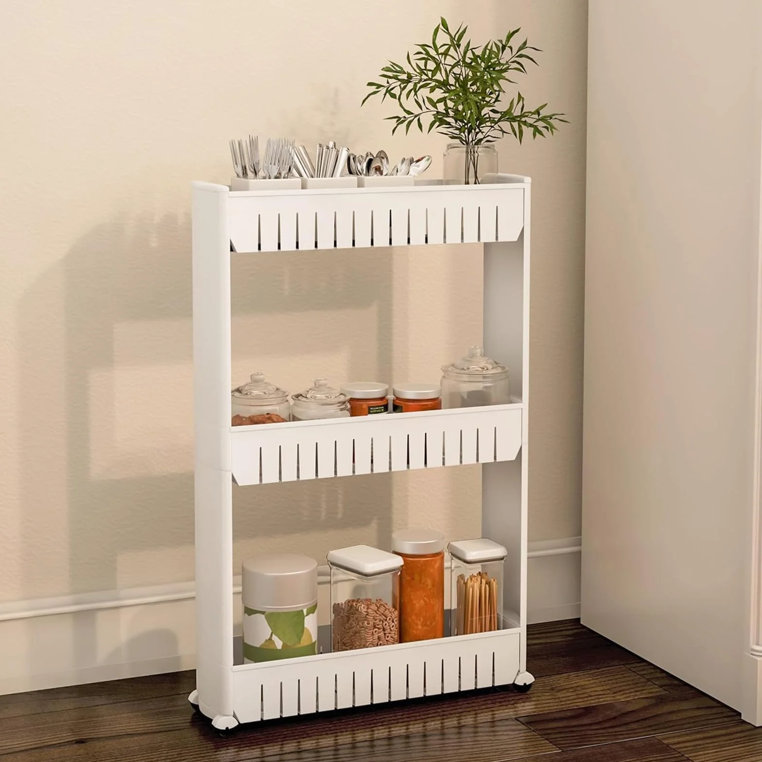 Carro Carrito Slim Estrecho Multiusos, por Ahorro De Espacio, con 4 Ruedas y 3 Cestos Niveles De Almacenamiento, para Cocina, Baño, Armario, Garage, Medidas 54x13x71cm