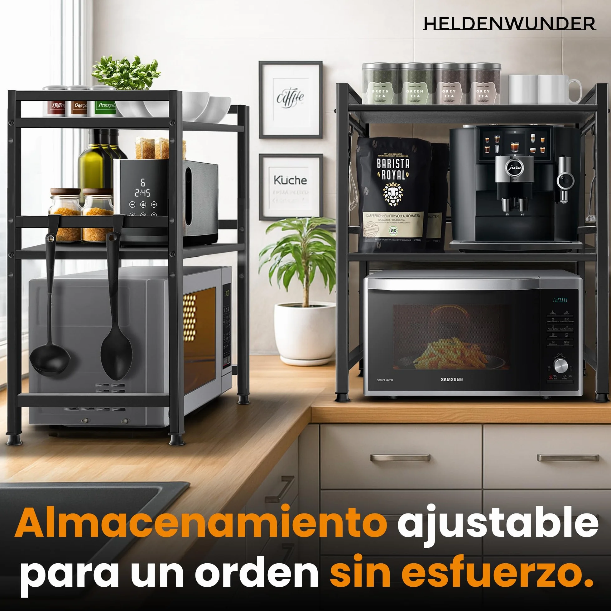 Heldenwunder Estantería Microondas Estantes Cocina Acero (2 Niveles) | Mueble Microondas Horno Estanterias Almacenaje Organizador Estante Panadería Ajustable + Instrucciones en Vídeo, Ganchos – Negro