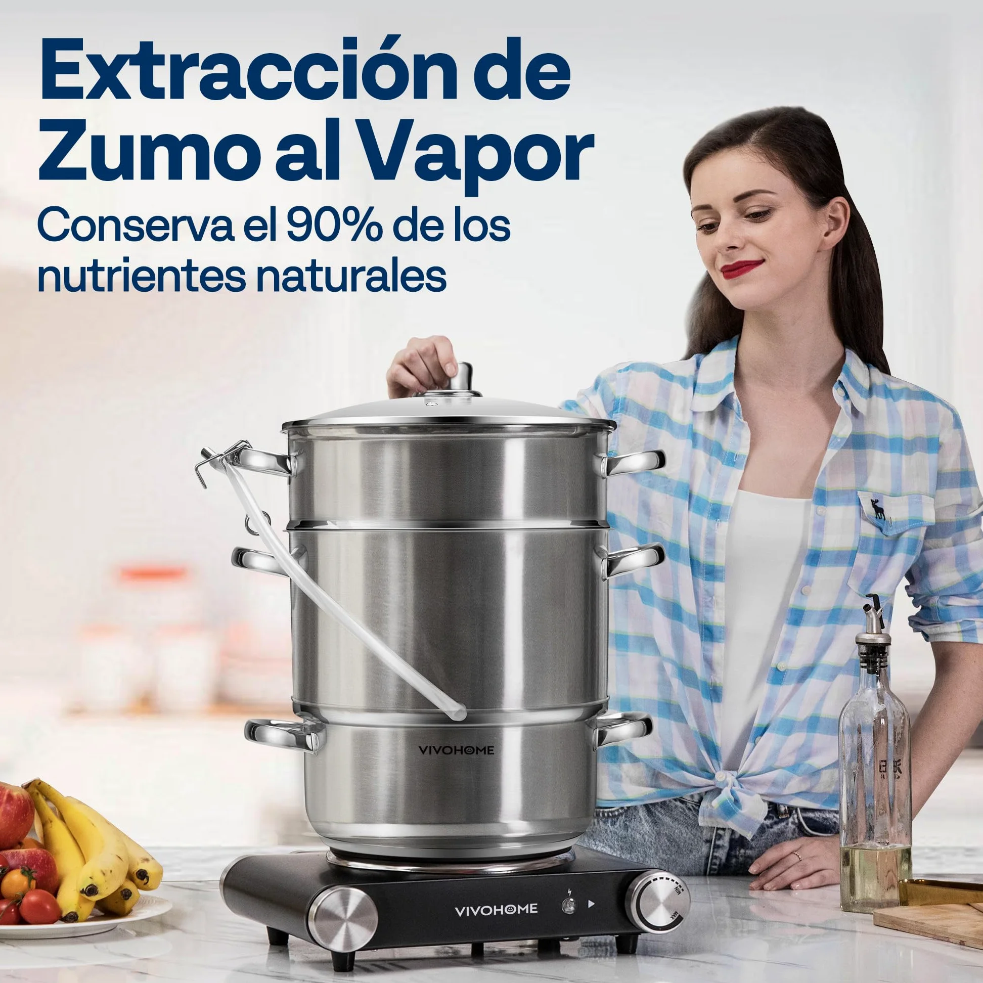 VIVOHOME Exprimidor de Vapor con Tapa de Vidrio 8L Extractor de Frutas | Ø 26cm, Acero Inoxidable, Verduras Casero con Tubo, Apto para Lavavajillas, para Todas las Cocinas, incluida Inducción