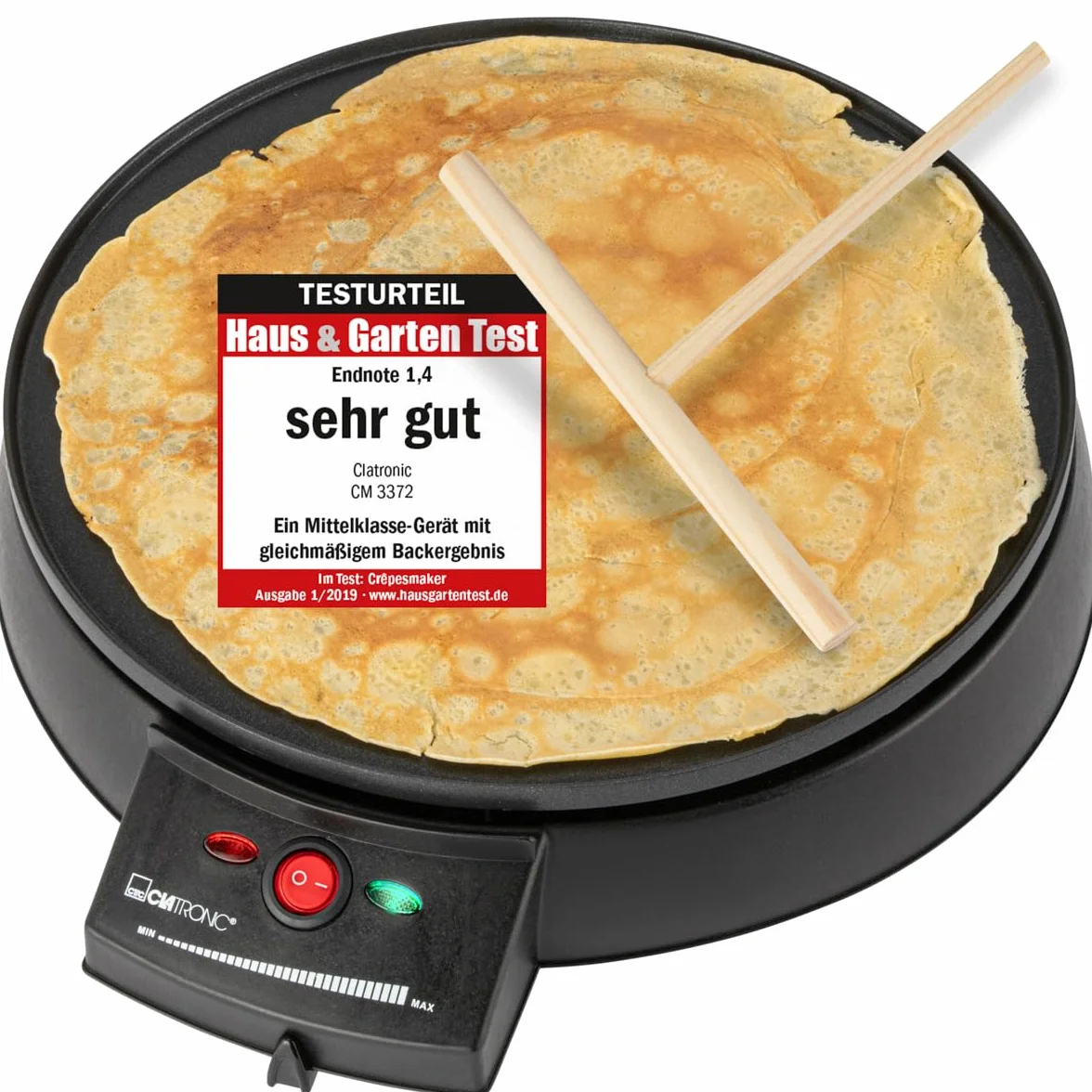 Clatronic Crepes/Wraps/Panqueque Maker con Ø 29cm, incl. Dispensador de masa y revestimiento antiadherente superficie, termostato ajustable continuo y backampel - Panqueque Maker con 900W - CM 3372