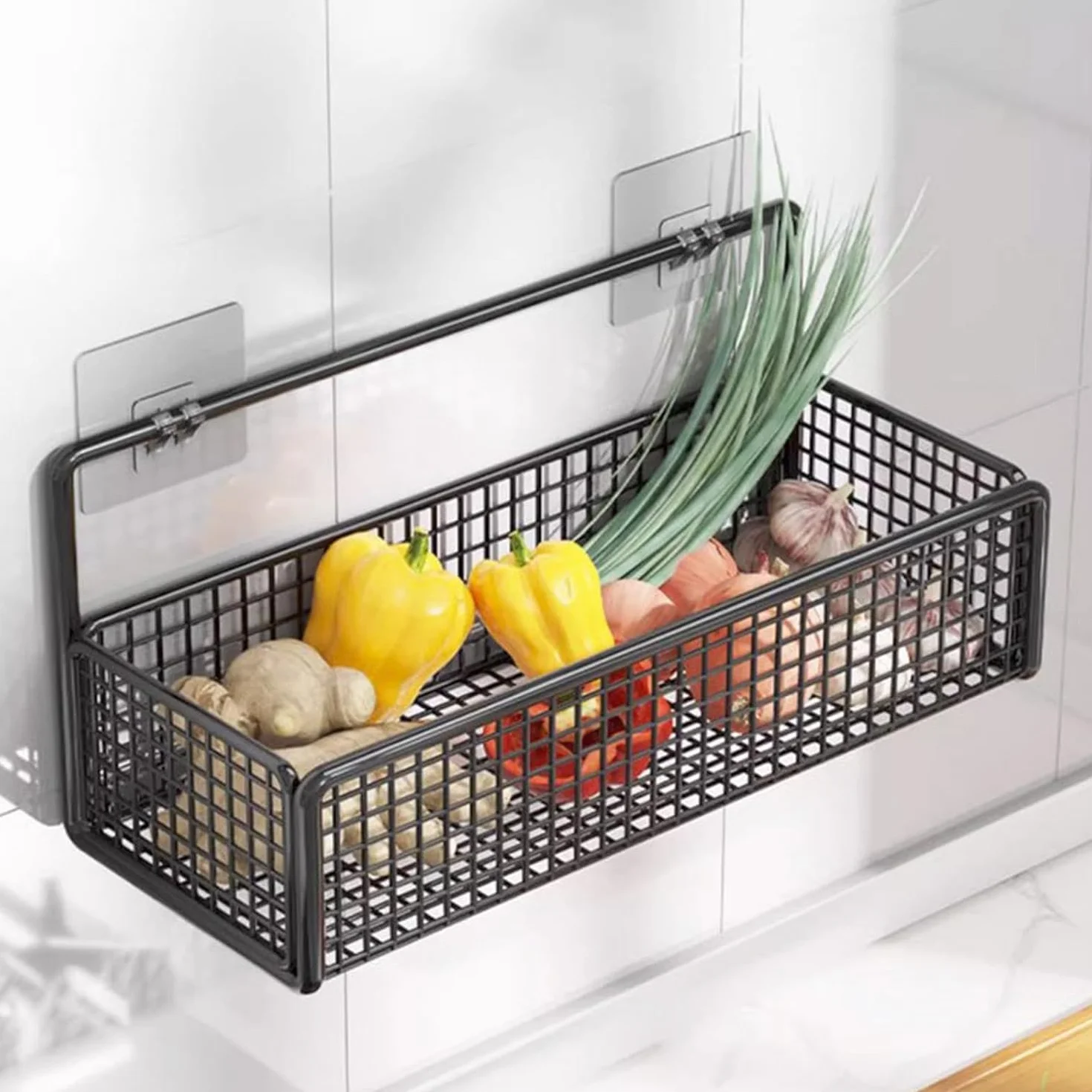 Tyenaza Cesta de Almacenamiento de Pared, Cestas de Almacenamiento de Metal Colgantes, Soporte de Pared de Cesta de Alambre de Metal, Sin Taladrar, para Dormitorio, Baño, Cocina, Negro(27x15x9cm)